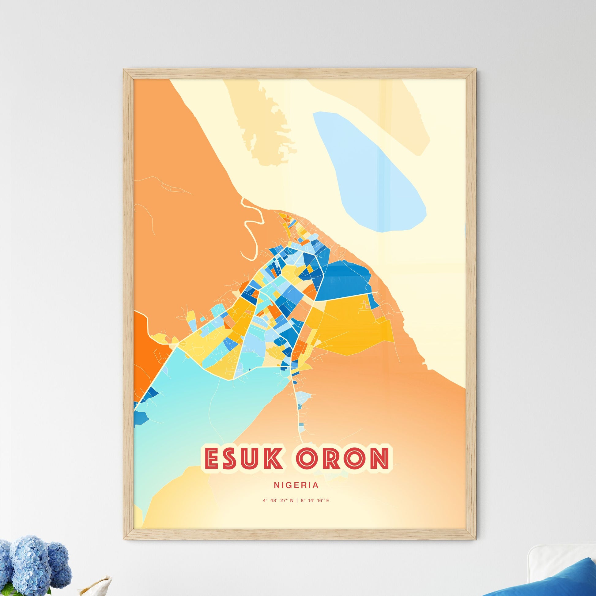 Colorful ESUK ORON NIGERIA Fine Art Map Blue Orange