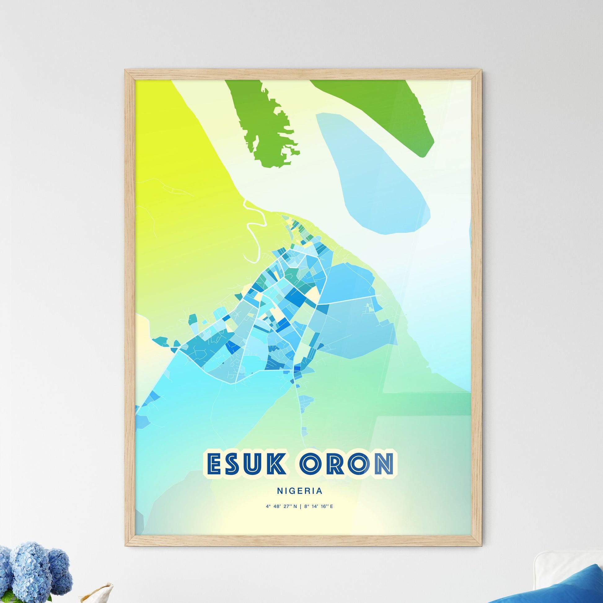 Colorful ESUK ORON NIGERIA Fine Art Map Cool Blue