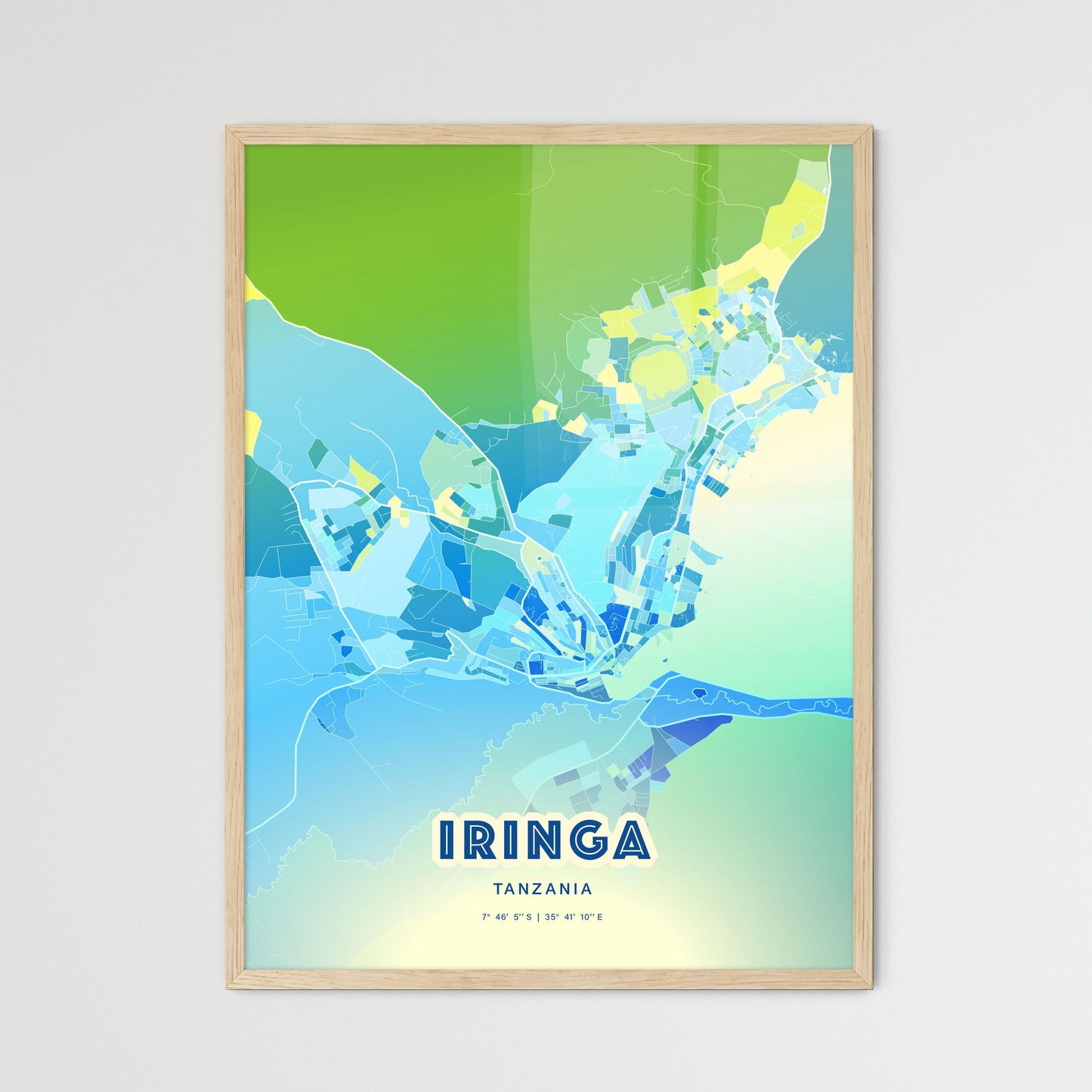 Colorful IRINGA TANZANIA Fine Art Map Cool Blue