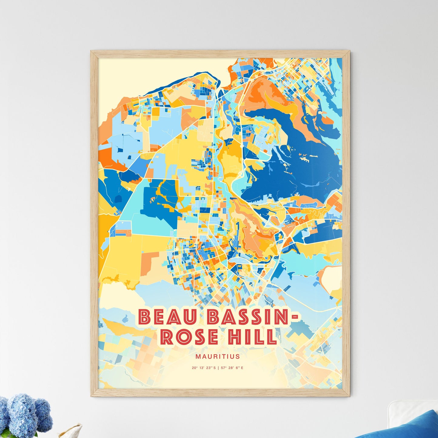 Colorful BEAU BASSIN-ROSE HILL MAURITIUS Fine Art Map Blue Orange