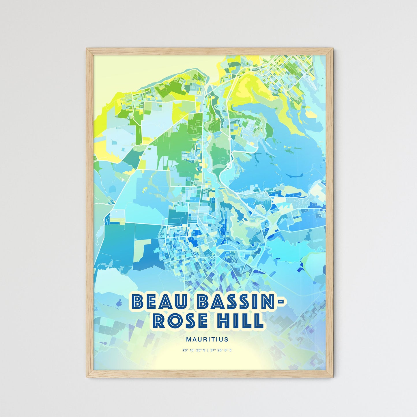 Colorful BEAU BASSIN-ROSE HILL MAURITIUS Fine Art Map Cool Blue