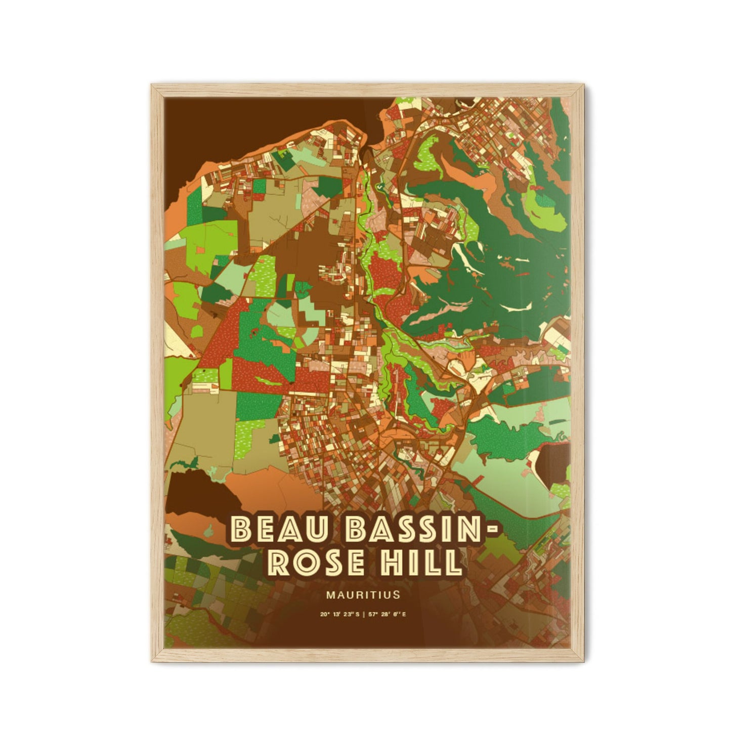 Colorful BEAU BASSIN-ROSE HILL MAURITIUS Fine Art Map Farmhouse