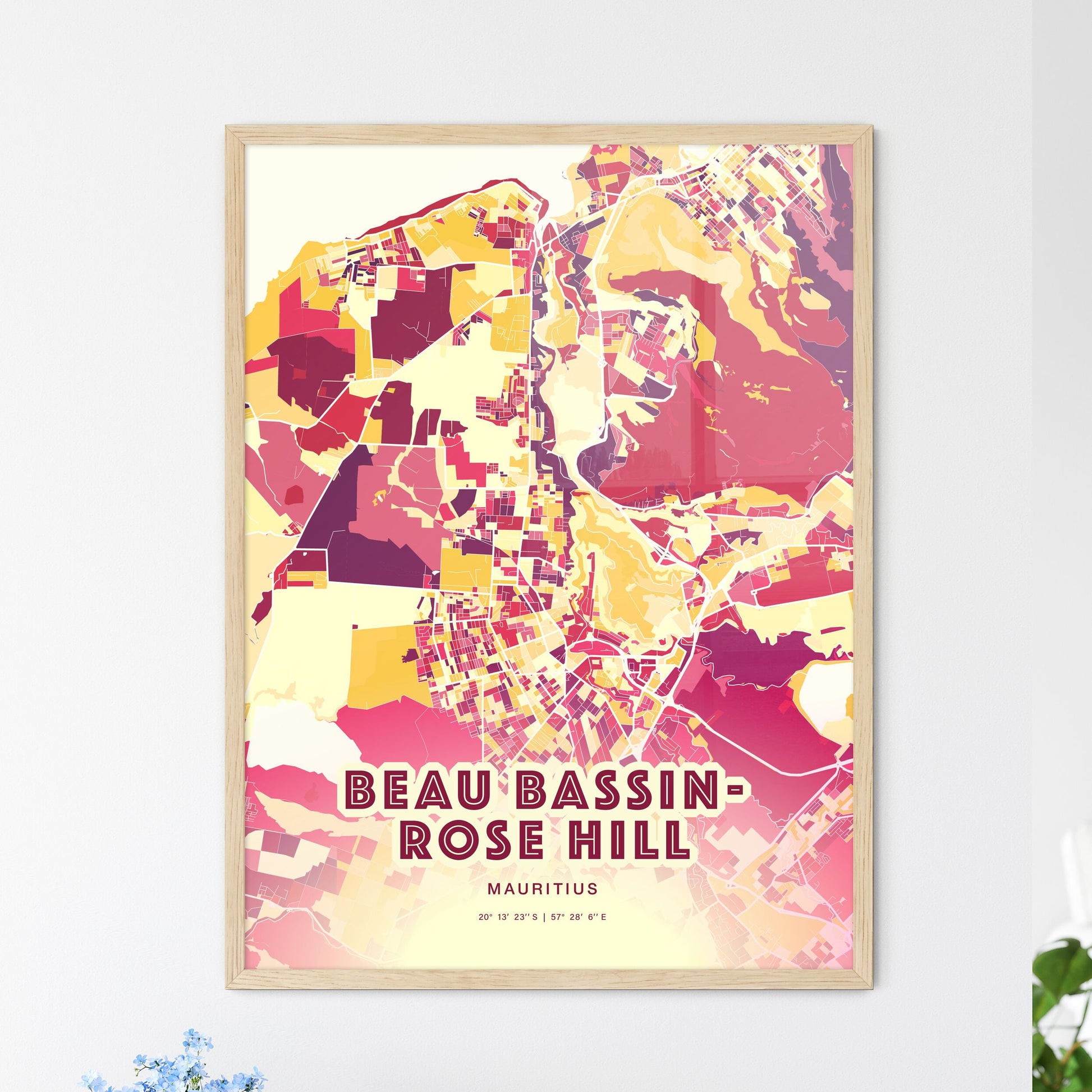 Colorful BEAU BASSIN-ROSE HILL MAURITIUS Fine Art Map Hot Red