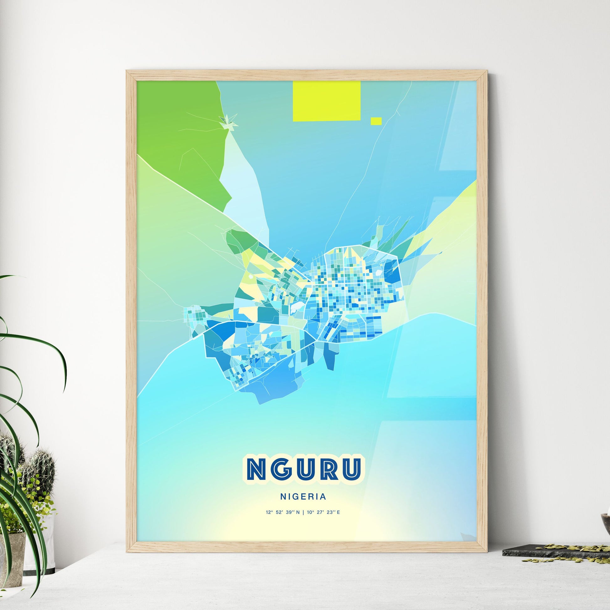 Colorful NGURU NIGERIA Fine Art Map Cool Blue