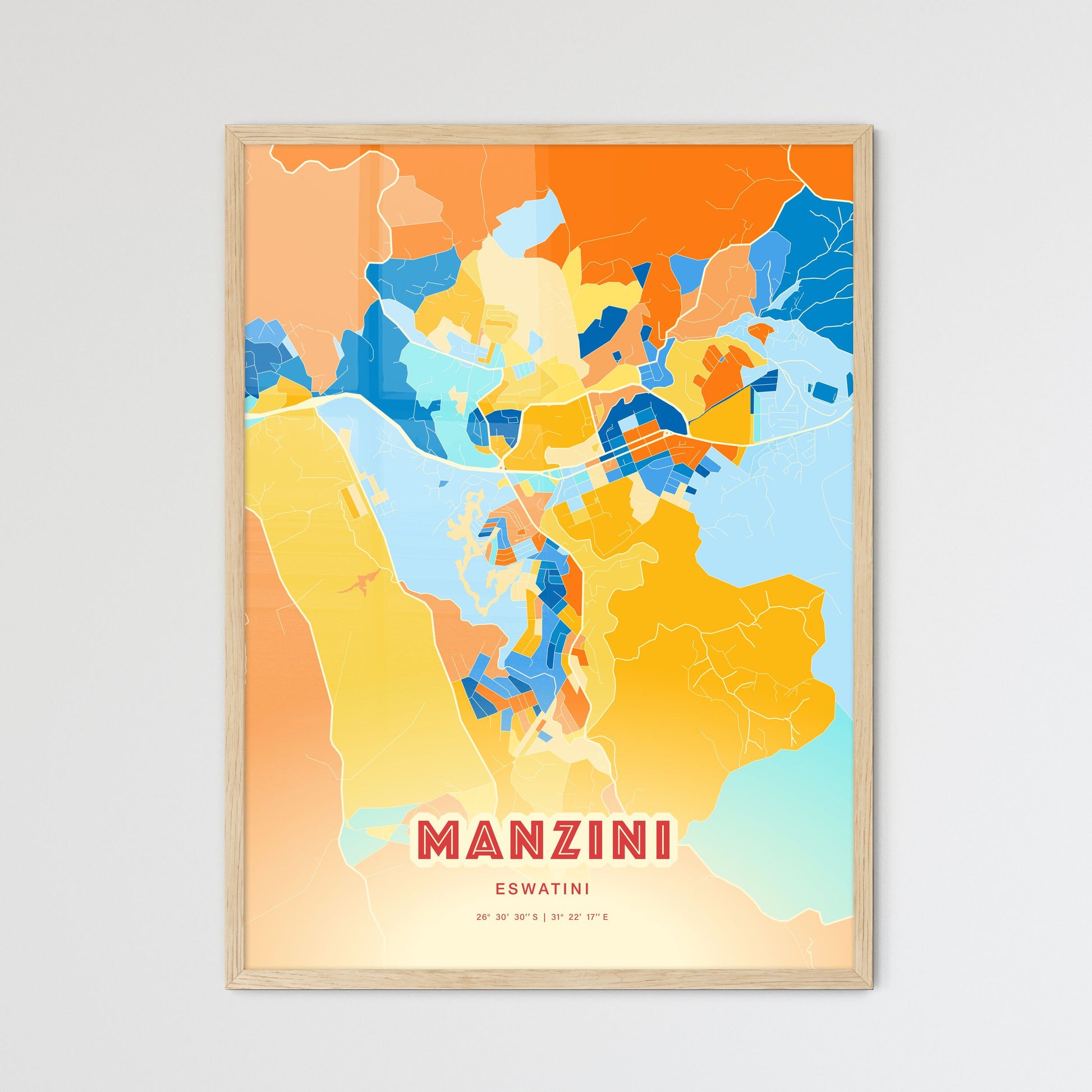 Colorful MANZINI ESWATINI Fine Art Map Blue Orange