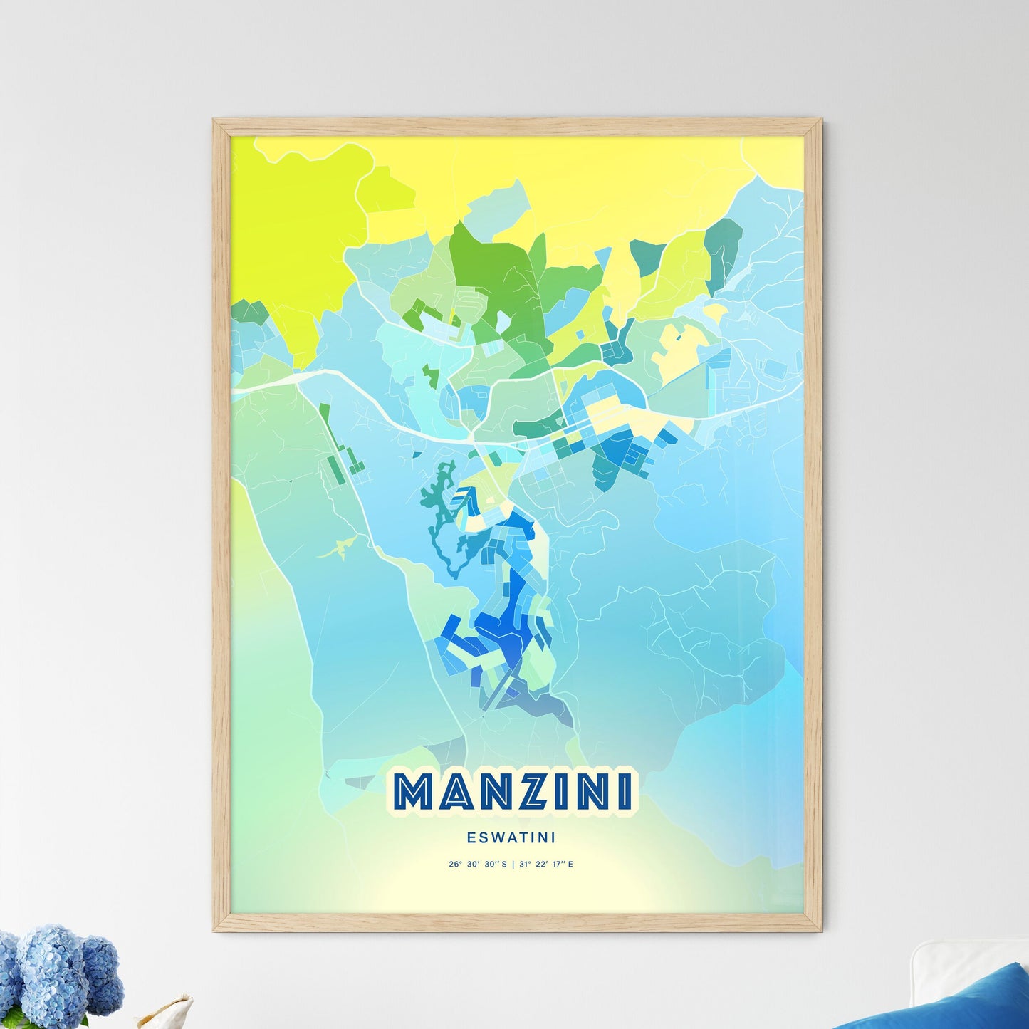 Colorful MANZINI ESWATINI Fine Art Map Cool Blue