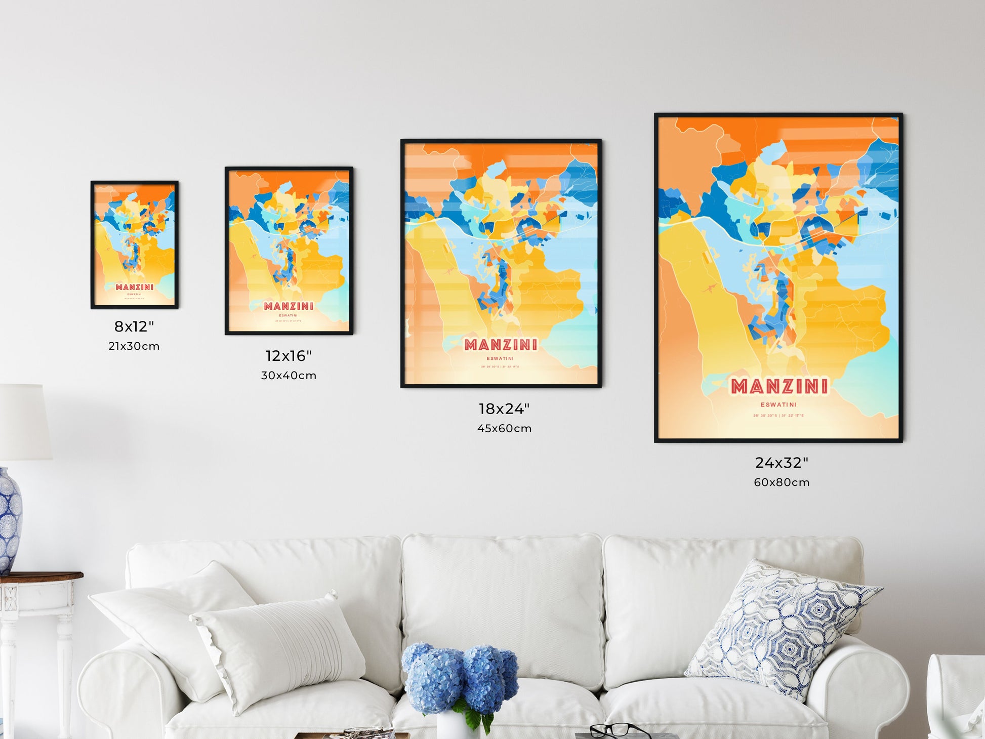 Colorful MANZINI ESWATINI Fine Art Map Blue Orange