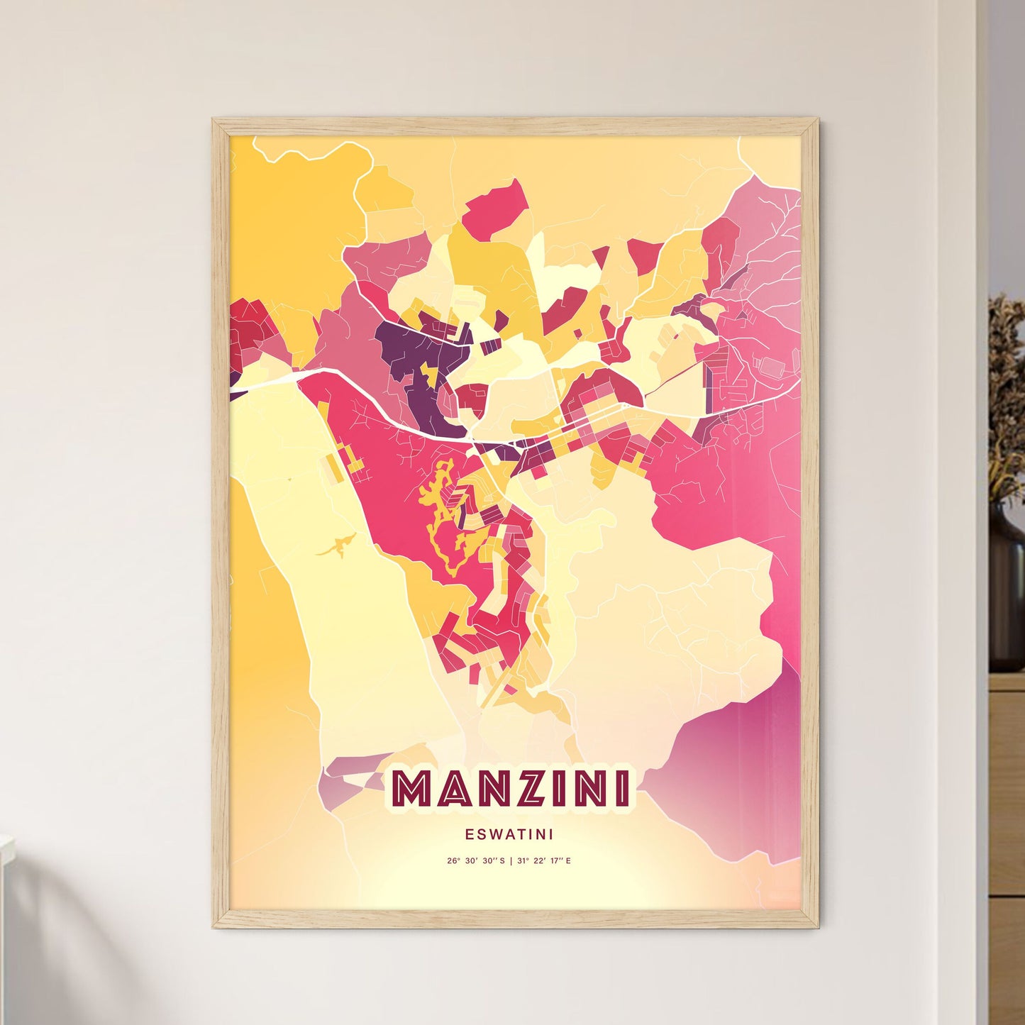 Colorful MANZINI ESWATINI Fine Art Map Hot Red