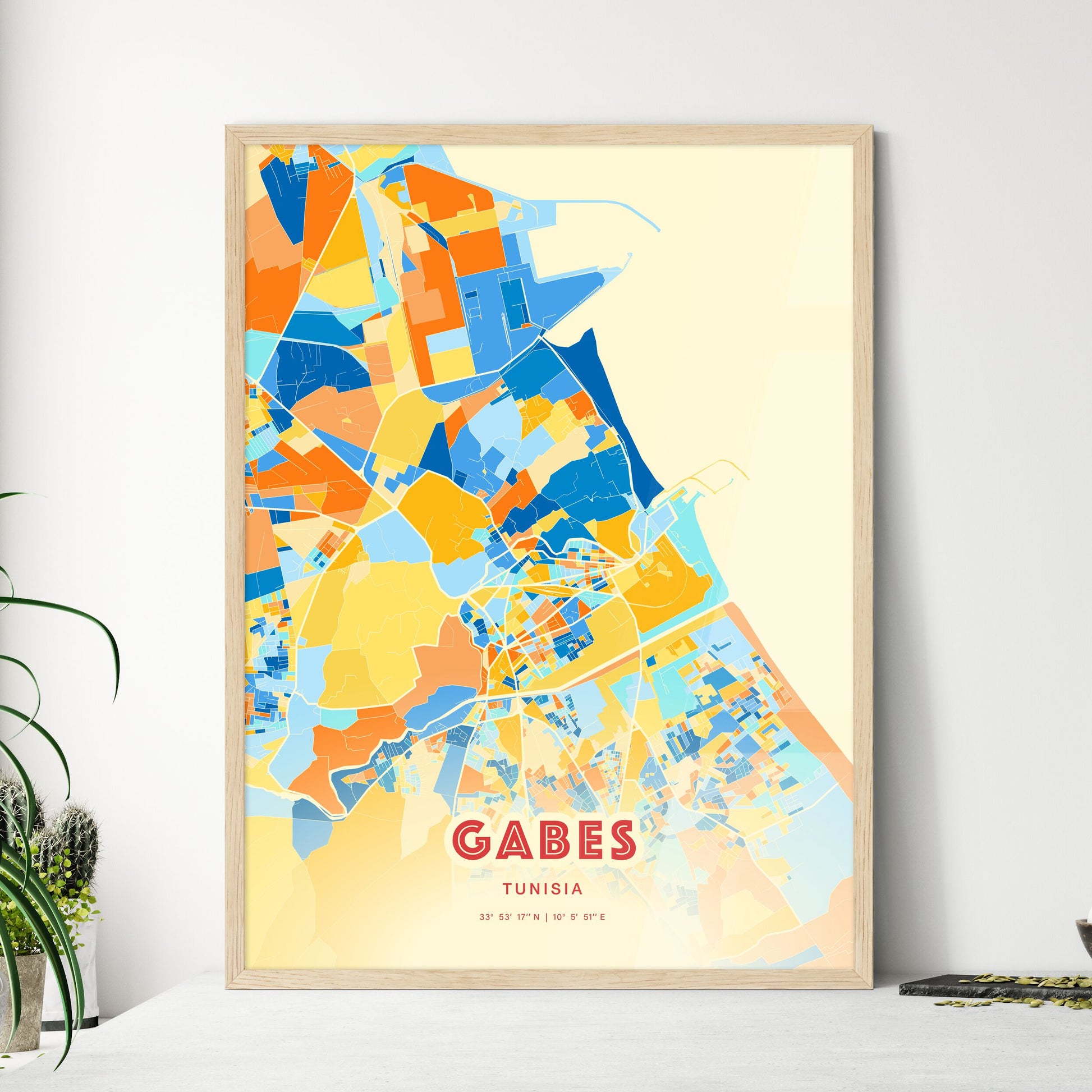 Colorful GABES TUNISIA Fine Art Map Blue Orange