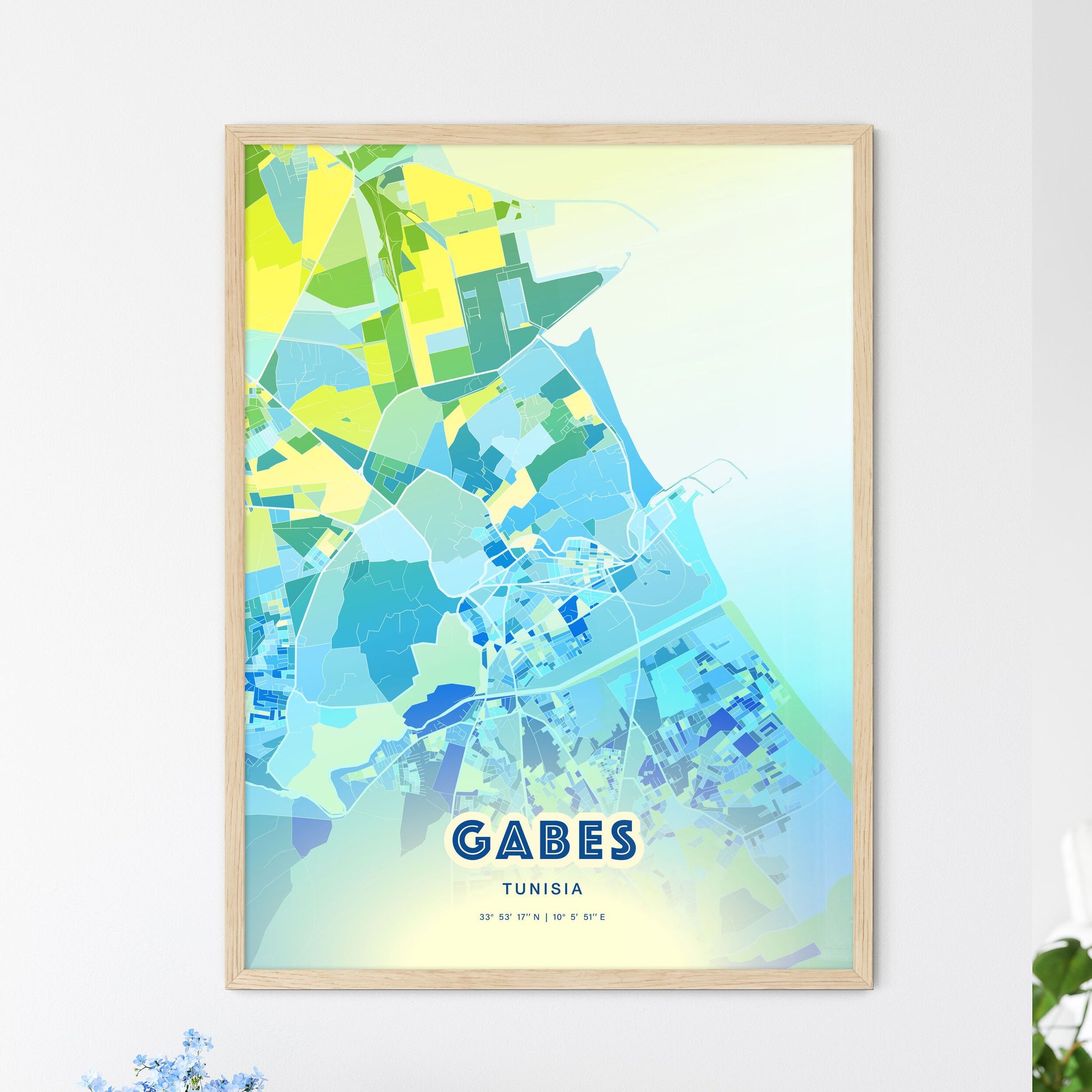 Colorful GABES TUNISIA Fine Art Map Cool Blue