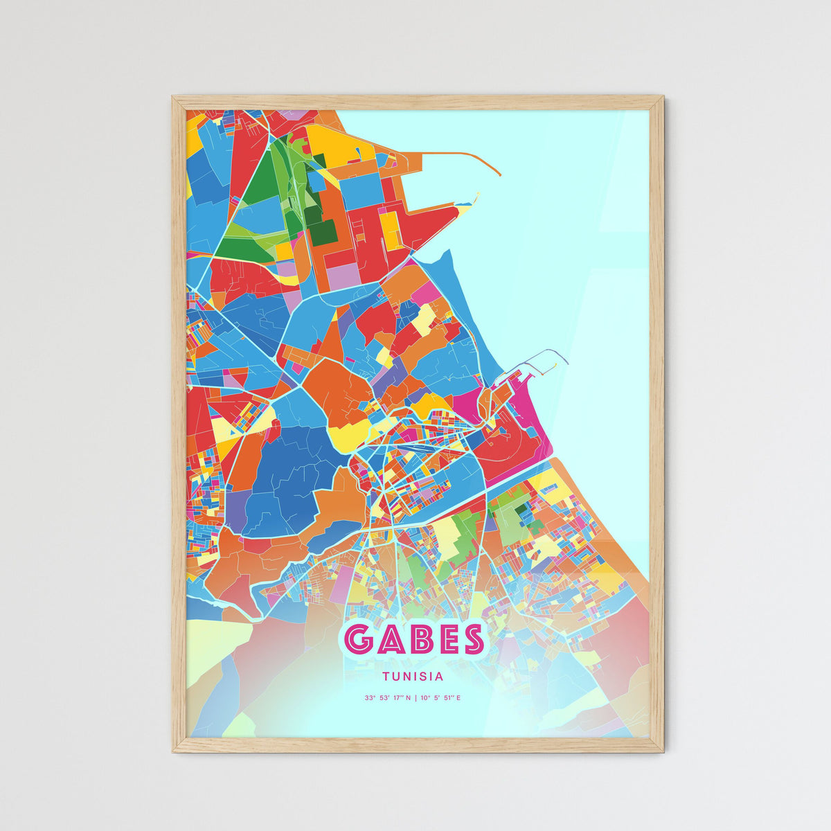 Colorful GABES TUNISIA Fine Art Map Crazy Colors