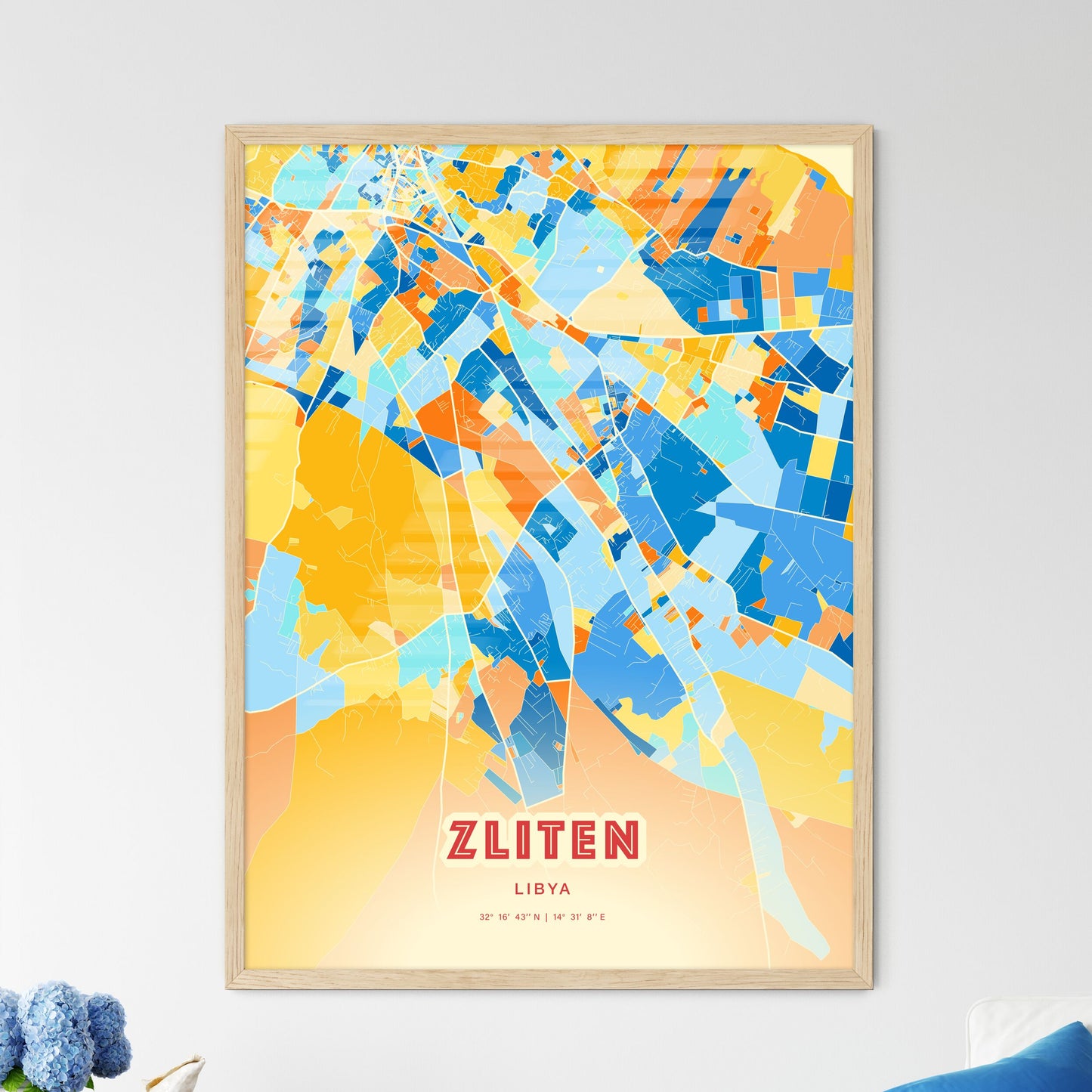 Colorful ZLITEN LIBYA Fine Art Map Blue Orange