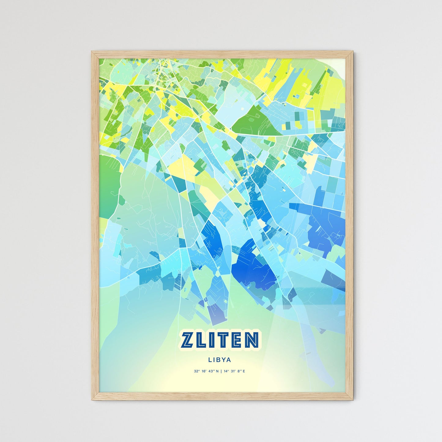 Colorful ZLITEN LIBYA Fine Art Map Cool Blue