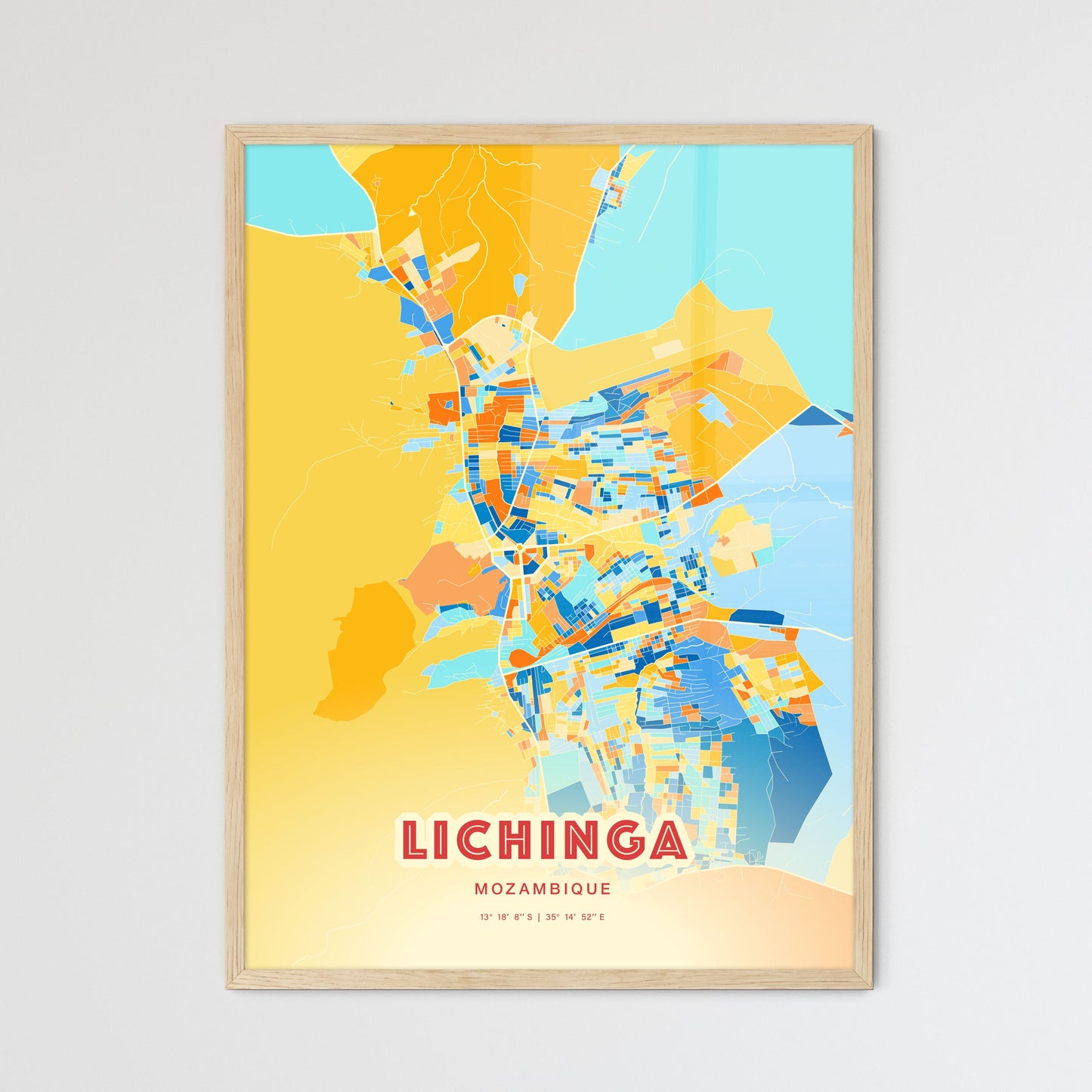 Colorful LICHINGA MOZAMBIQUE Fine Art Map Blue Orange