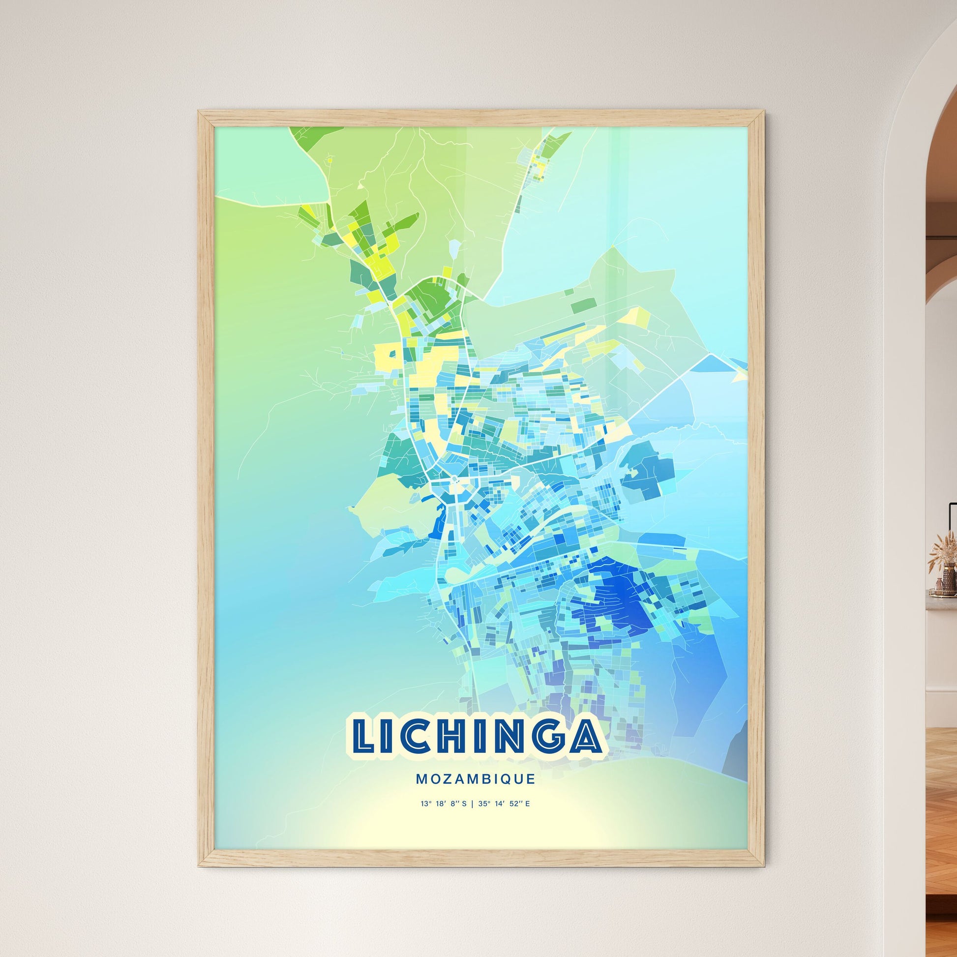 Colorful LICHINGA MOZAMBIQUE Fine Art Map Cool Blue