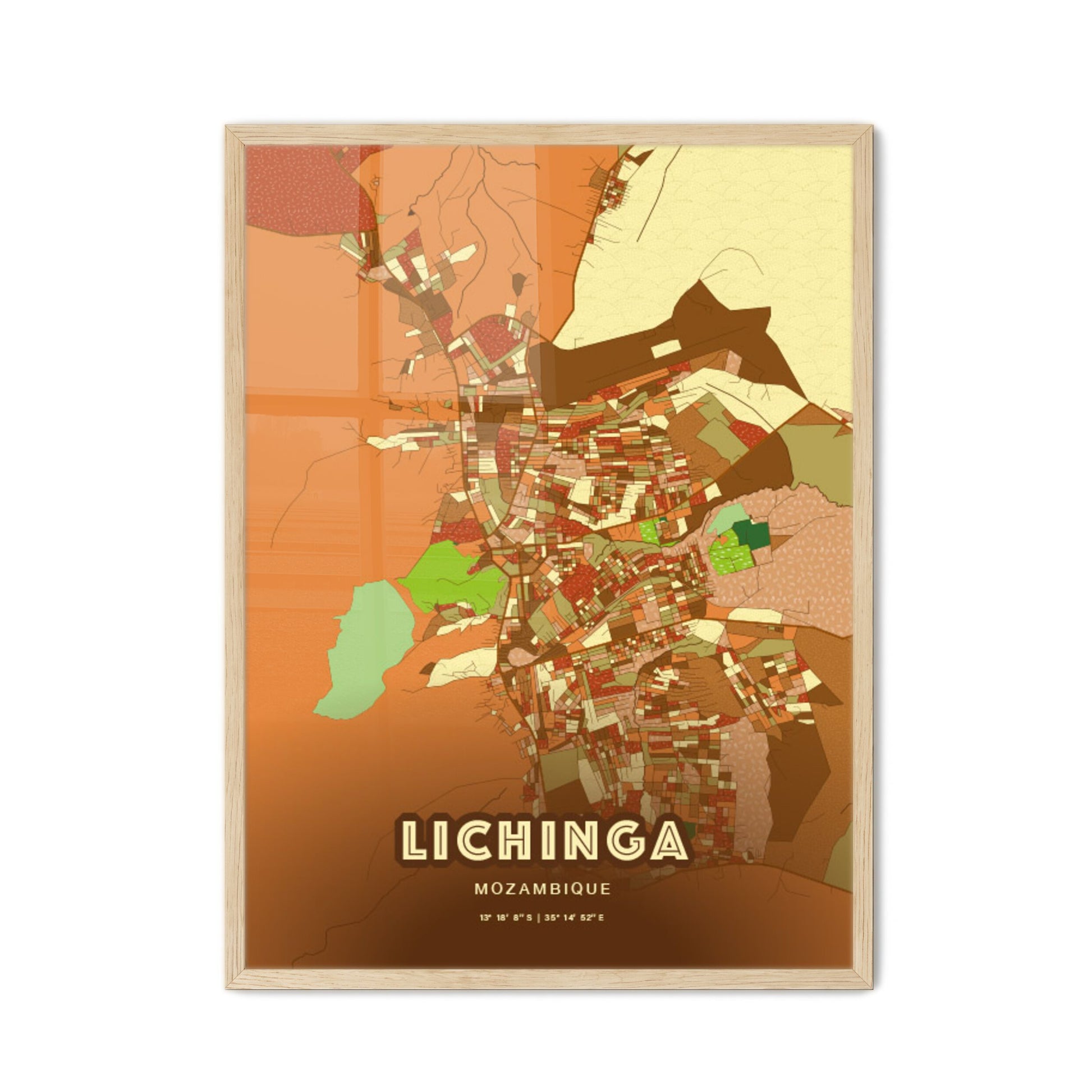 Colorful LICHINGA MOZAMBIQUE Fine Art Map Farmhouse