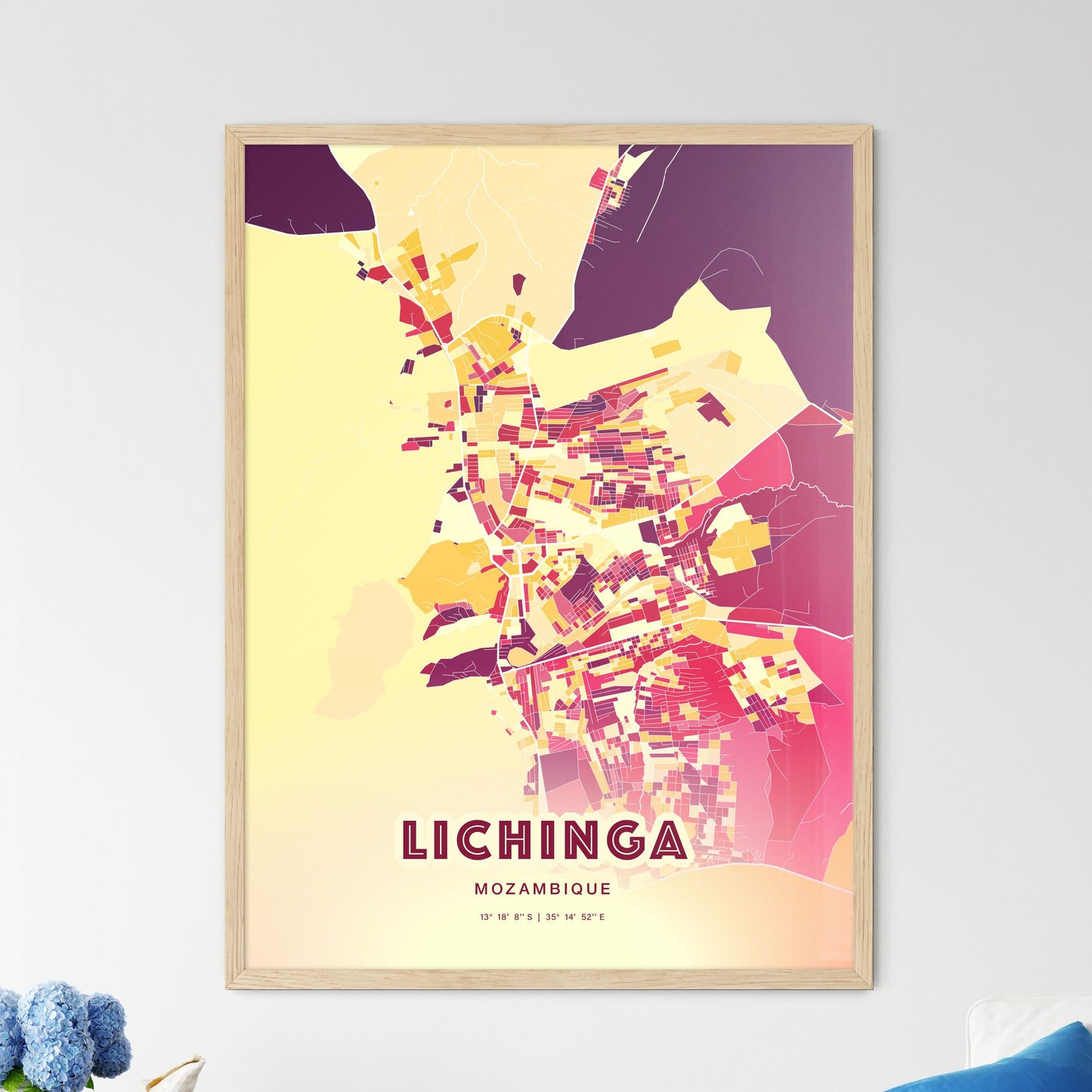 Colorful LICHINGA MOZAMBIQUE Fine Art Map Hot Red