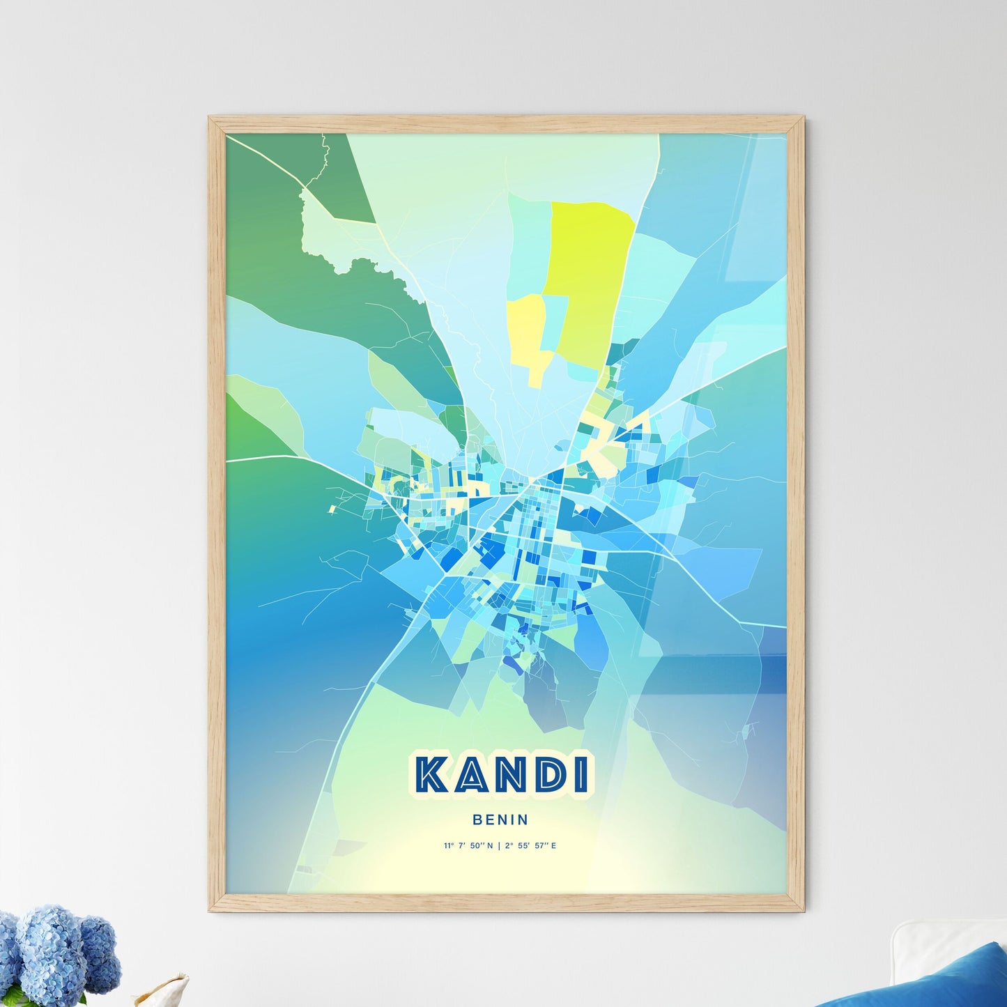 Colorful KANDI BENIN Fine Art Map Cool Blue