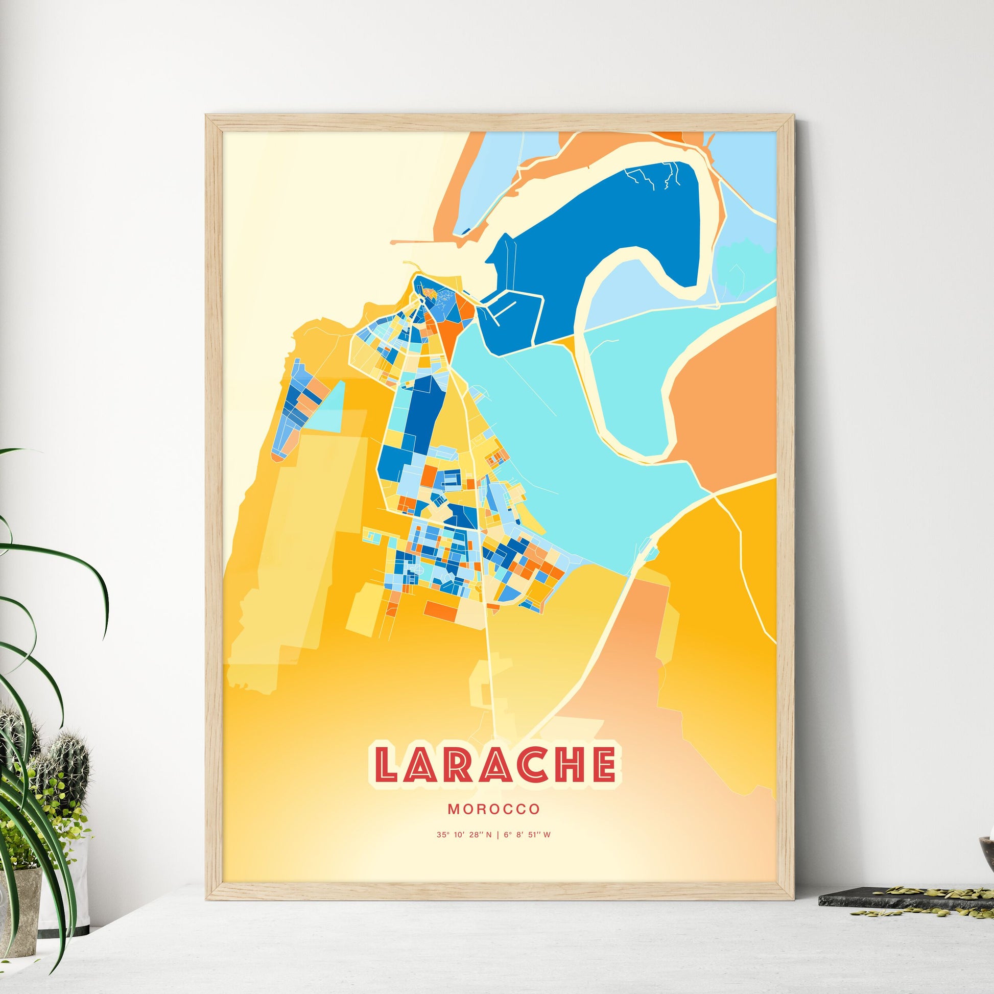 Colorful LARACHE MOROCCO Fine Art Map Blue Orange