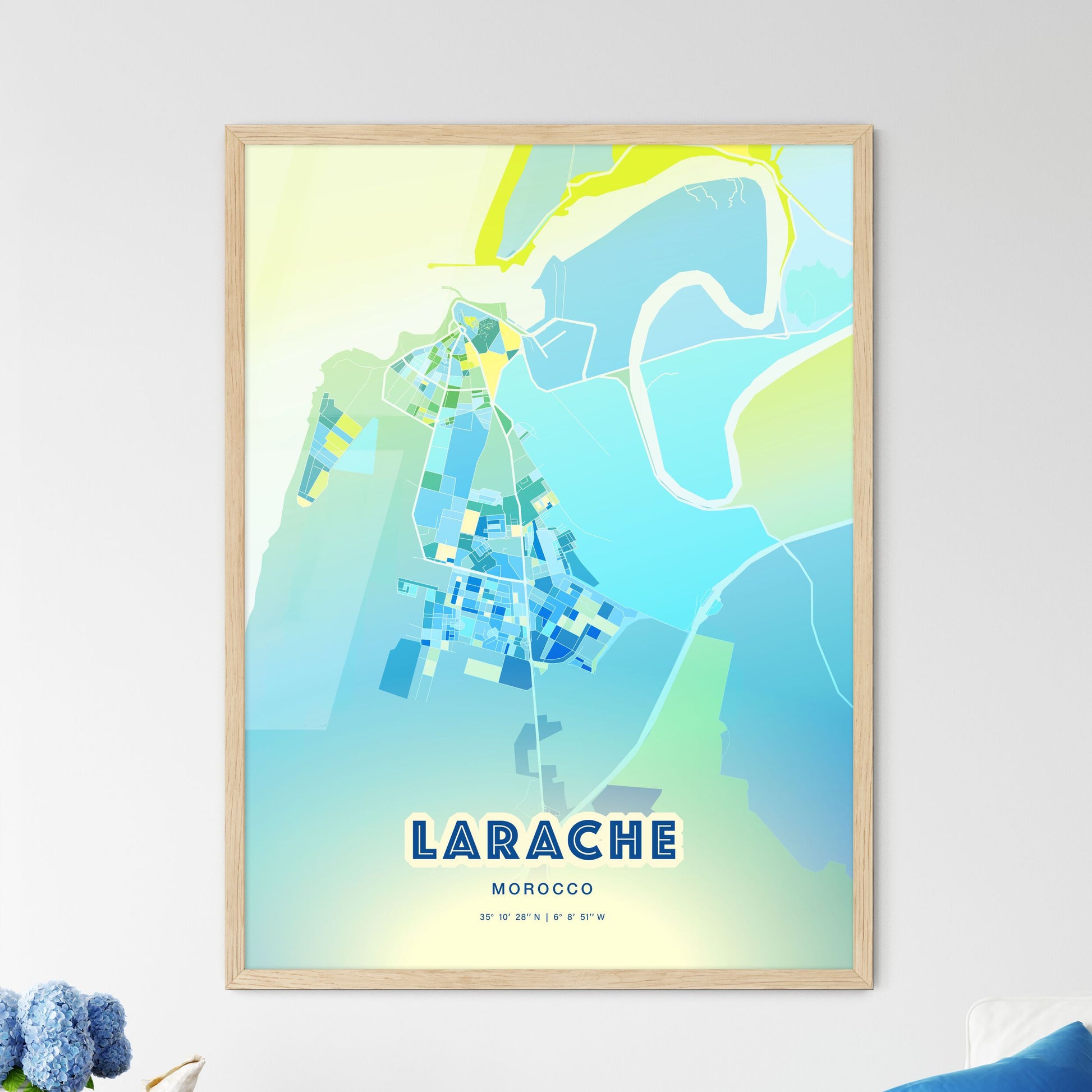 Colorful LARACHE MOROCCO Fine Art Map Cool Blue