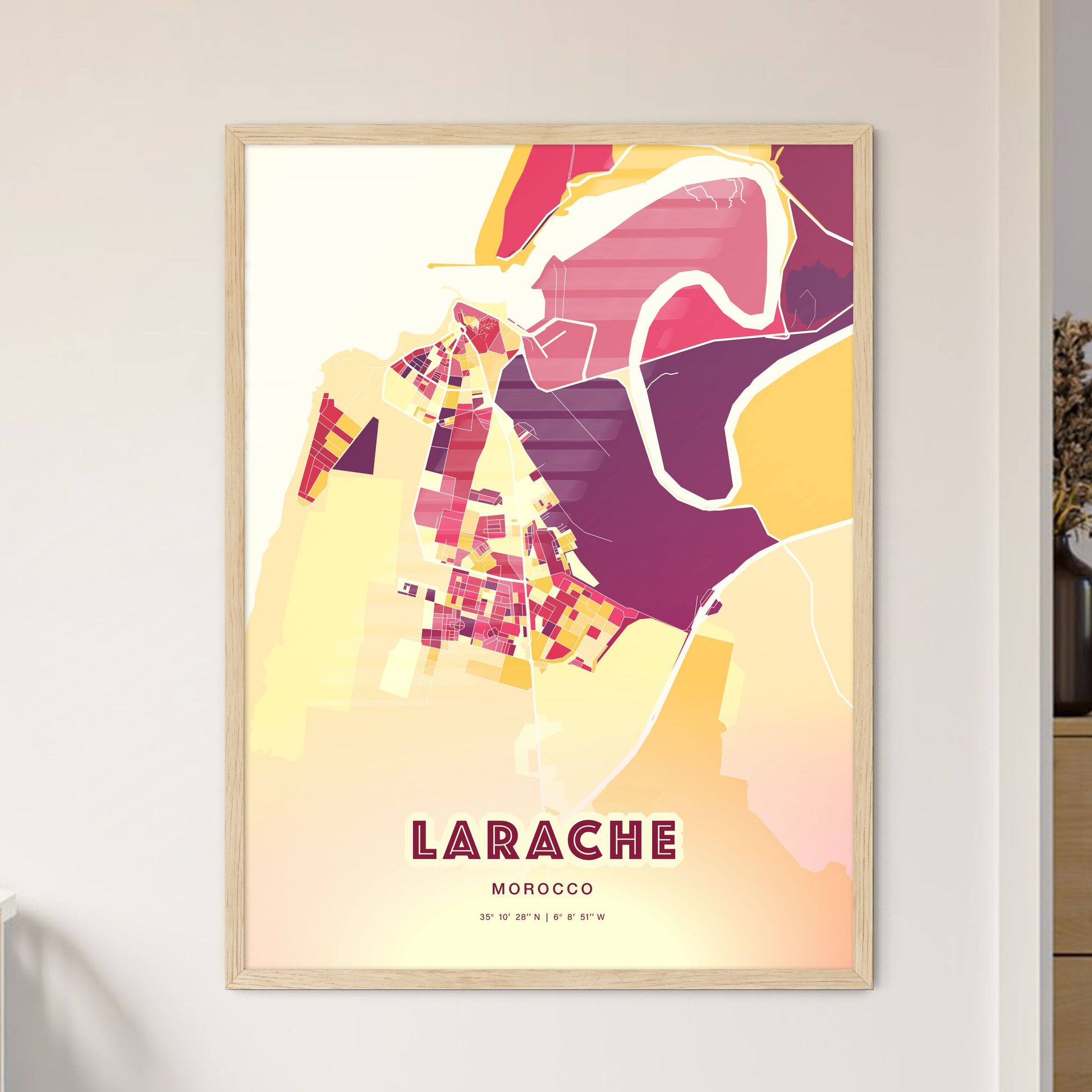 Colorful LARACHE MOROCCO Fine Art Map Hot Red