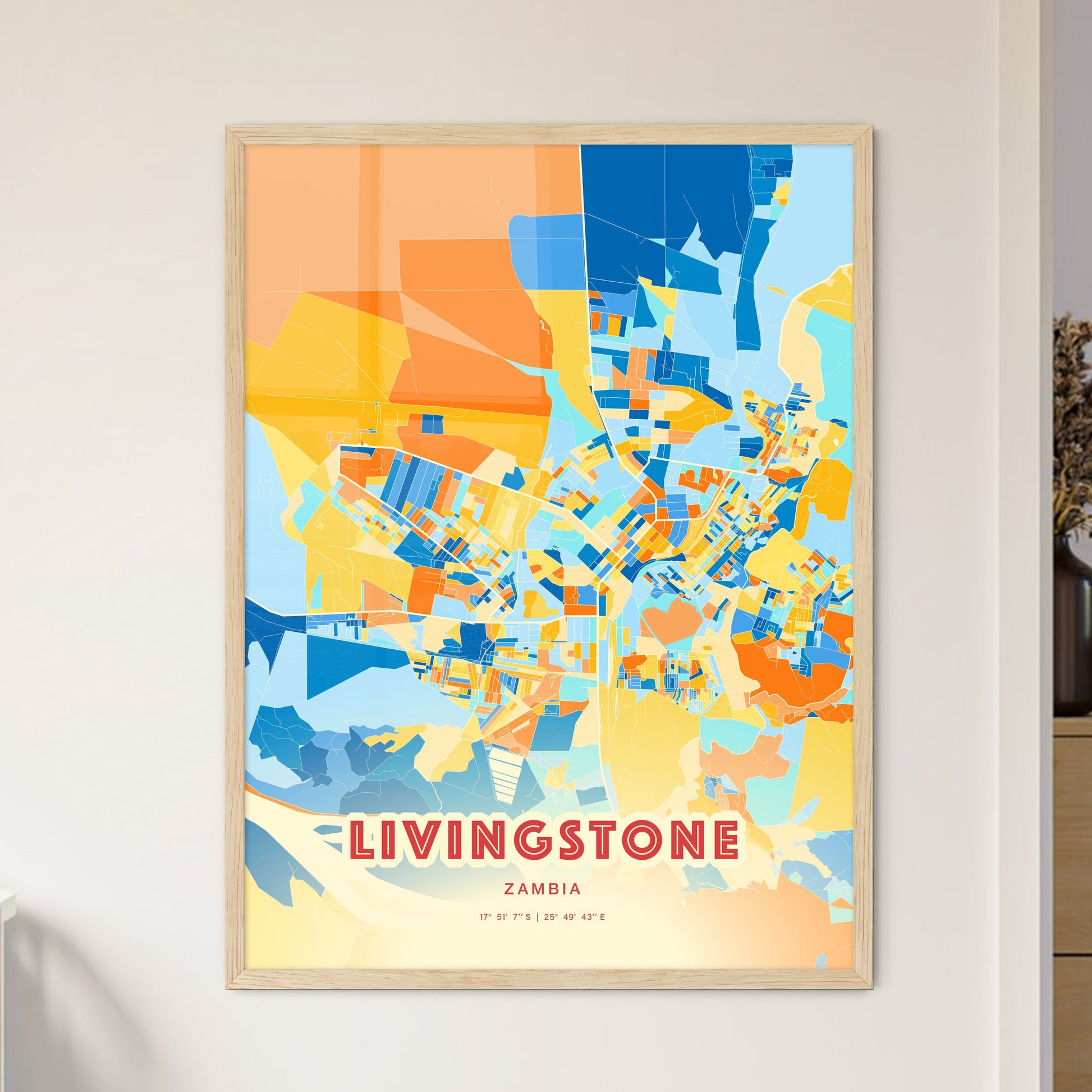 Colorful LIVINGSTONE ZAMBIA Fine Art Map Blue Orange