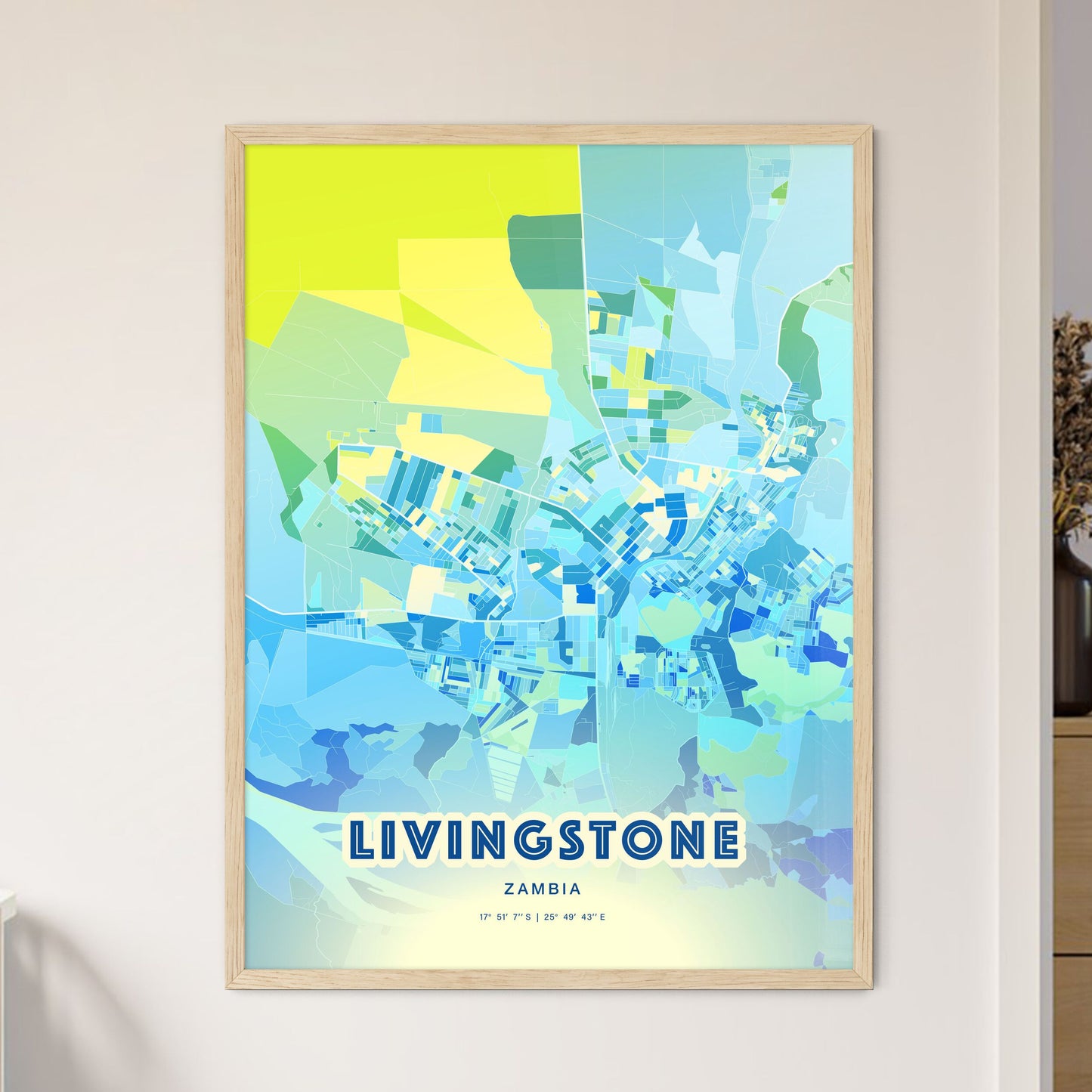 Colorful LIVINGSTONE ZAMBIA Fine Art Map Cool Blue