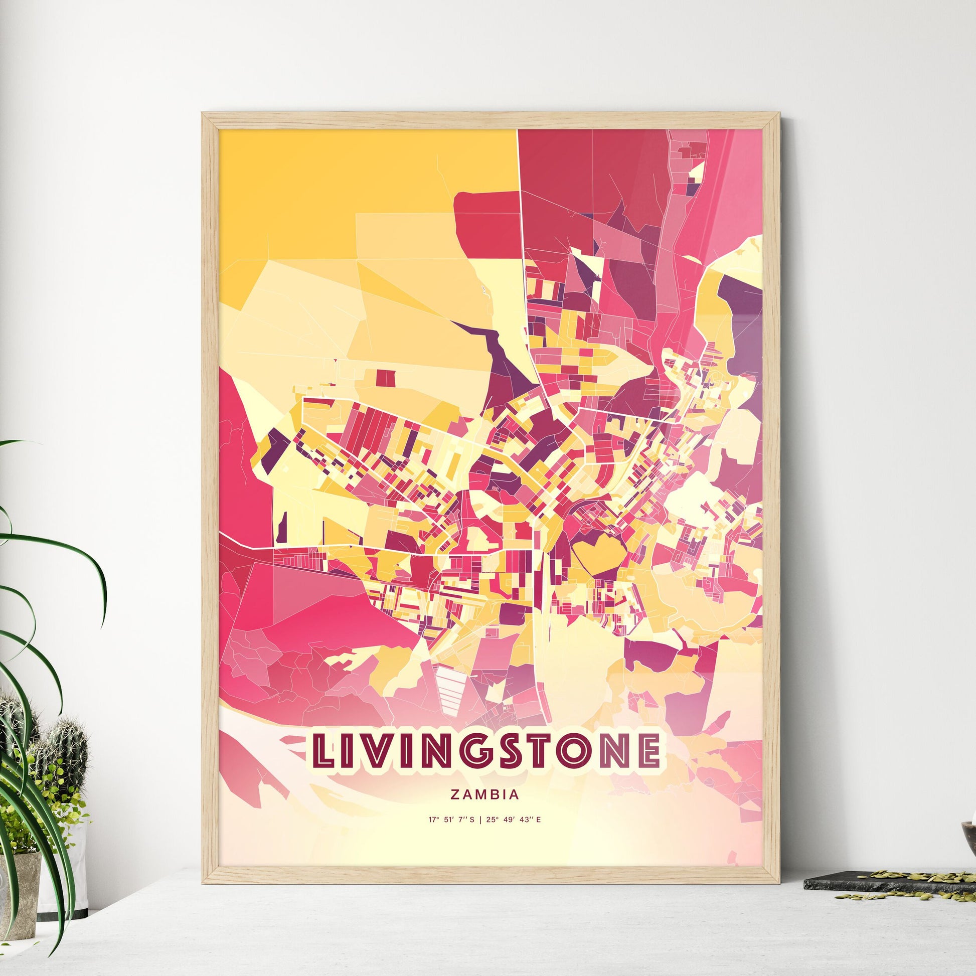 Colorful LIVINGSTONE ZAMBIA Fine Art Map Hot Red