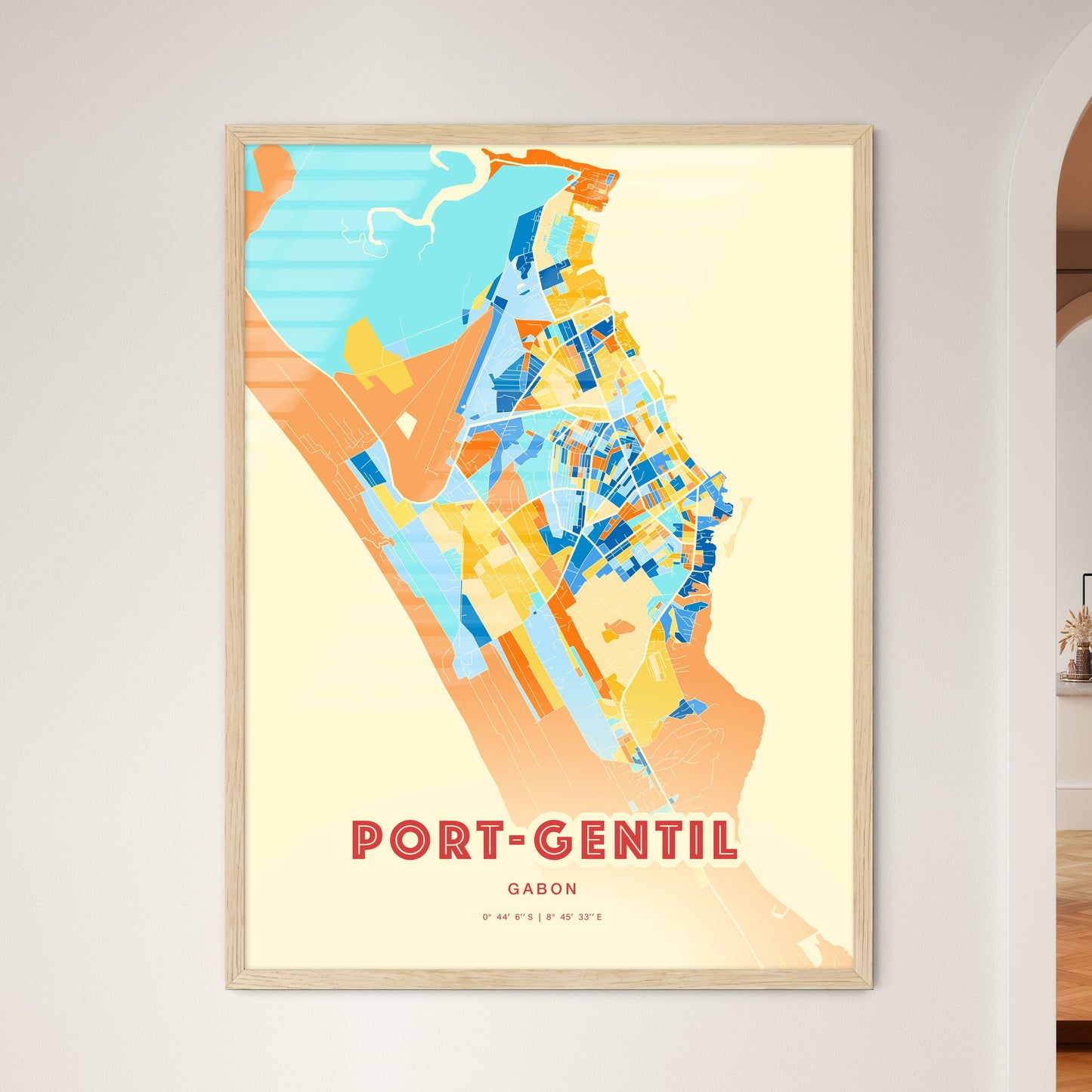 Colorful PORT-GENTIL GABON Fine Art Map Blue Orange