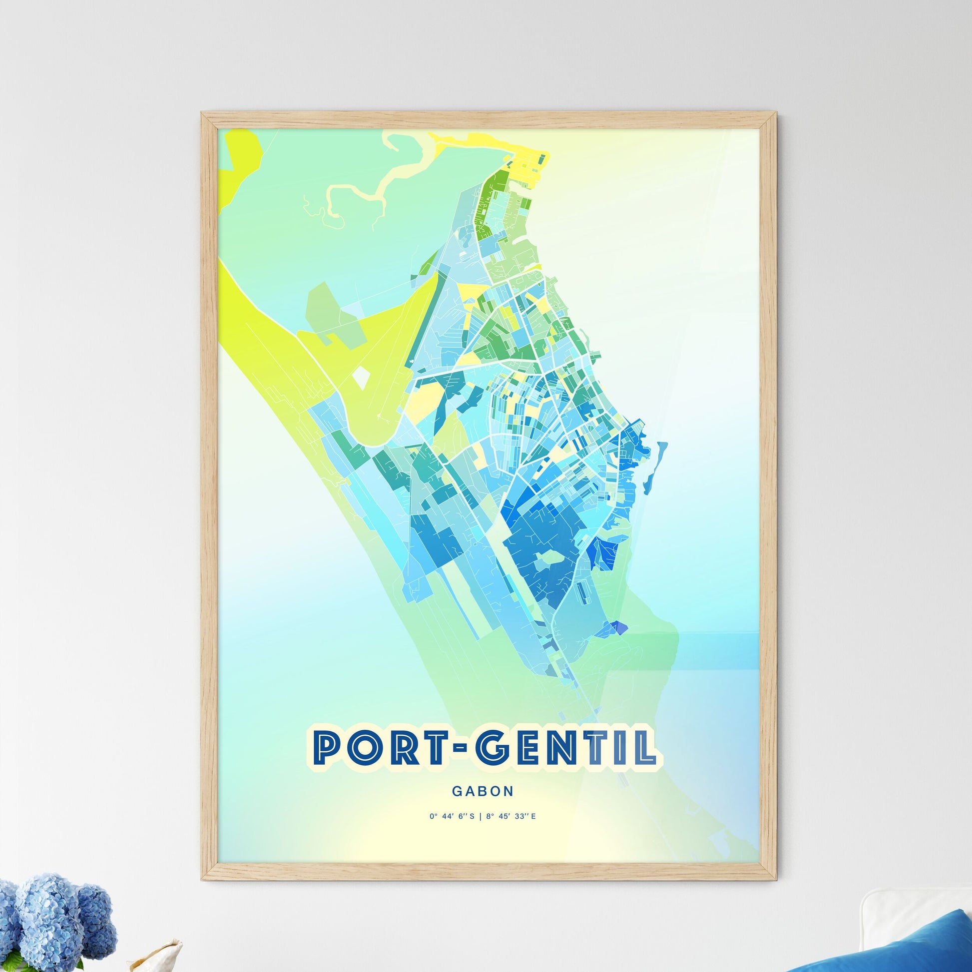 Colorful PORT-GENTIL GABON Fine Art Map Cool Blue