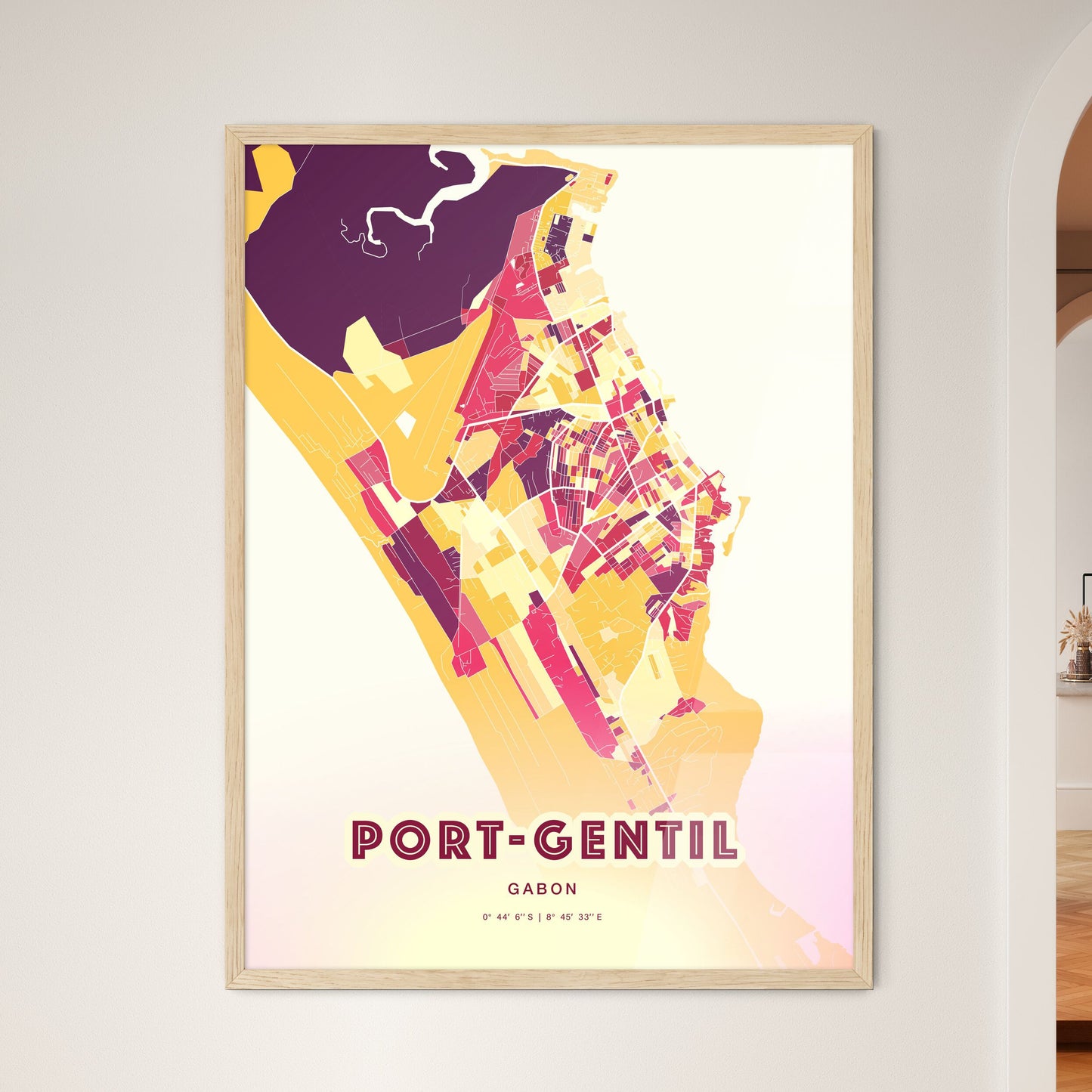 Colorful PORT-GENTIL GABON Fine Art Map Hot Red