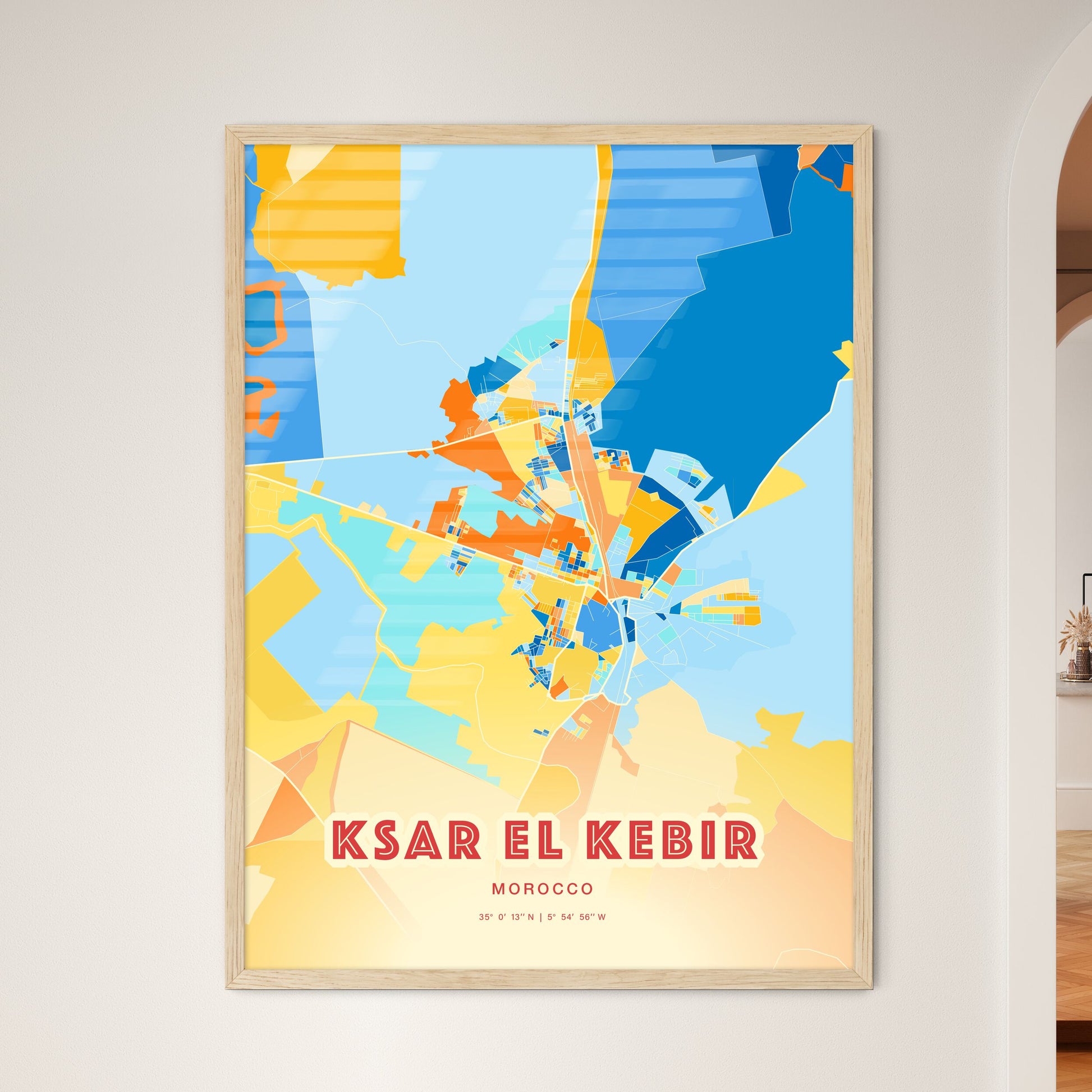 Colorful KSAR EL KEBIR MOROCCO Fine Art Map Blue Orange