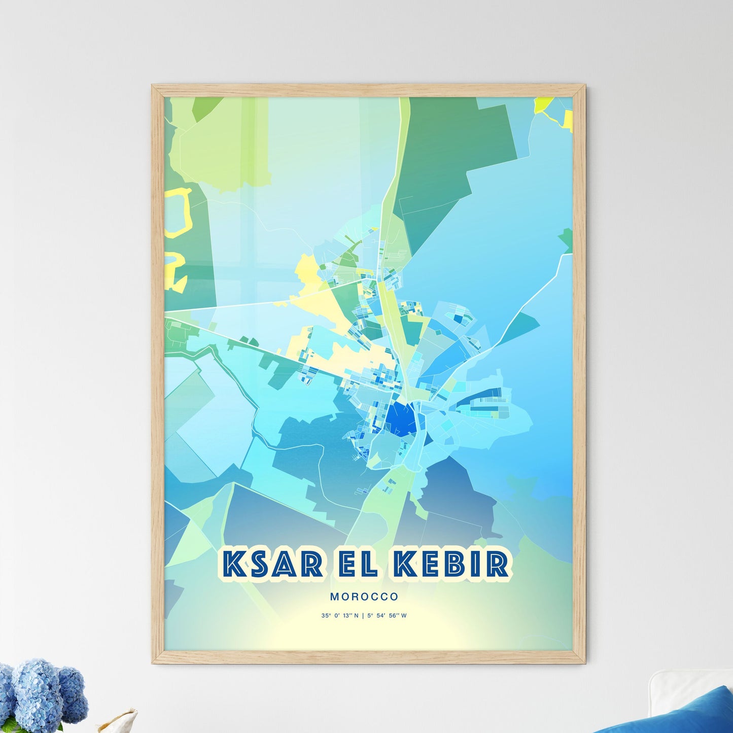 Colorful KSAR EL KEBIR MOROCCO Fine Art Map Cool Blue