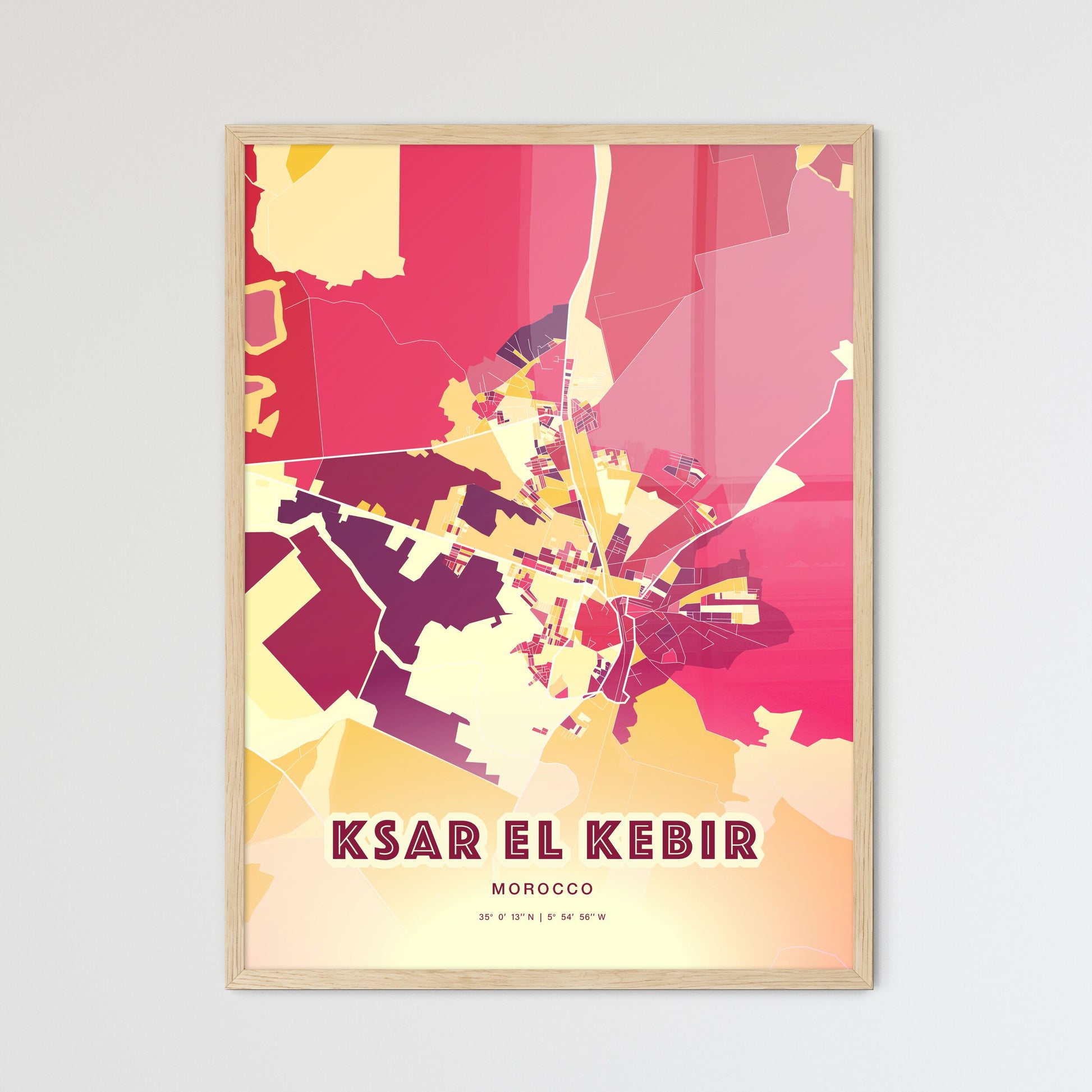 Colorful KSAR EL KEBIR MOROCCO Fine Art Map Hot Red