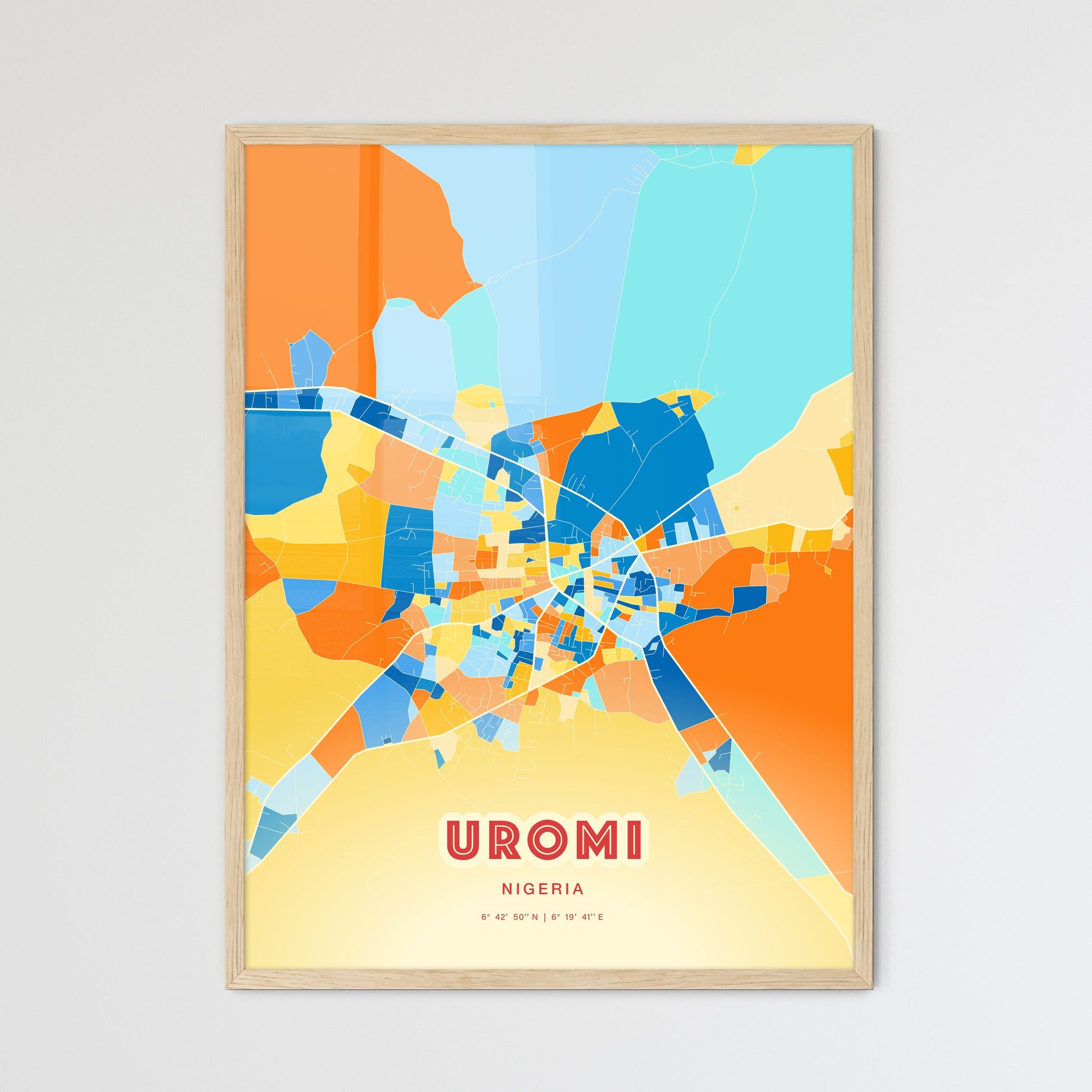 Colorful UROMI NIGERIA Fine Art Map Blue Orange