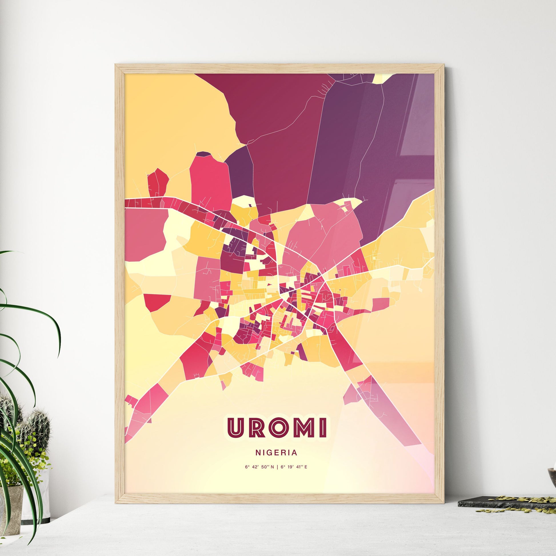 Colorful UROMI NIGERIA Fine Art Map Hot Red