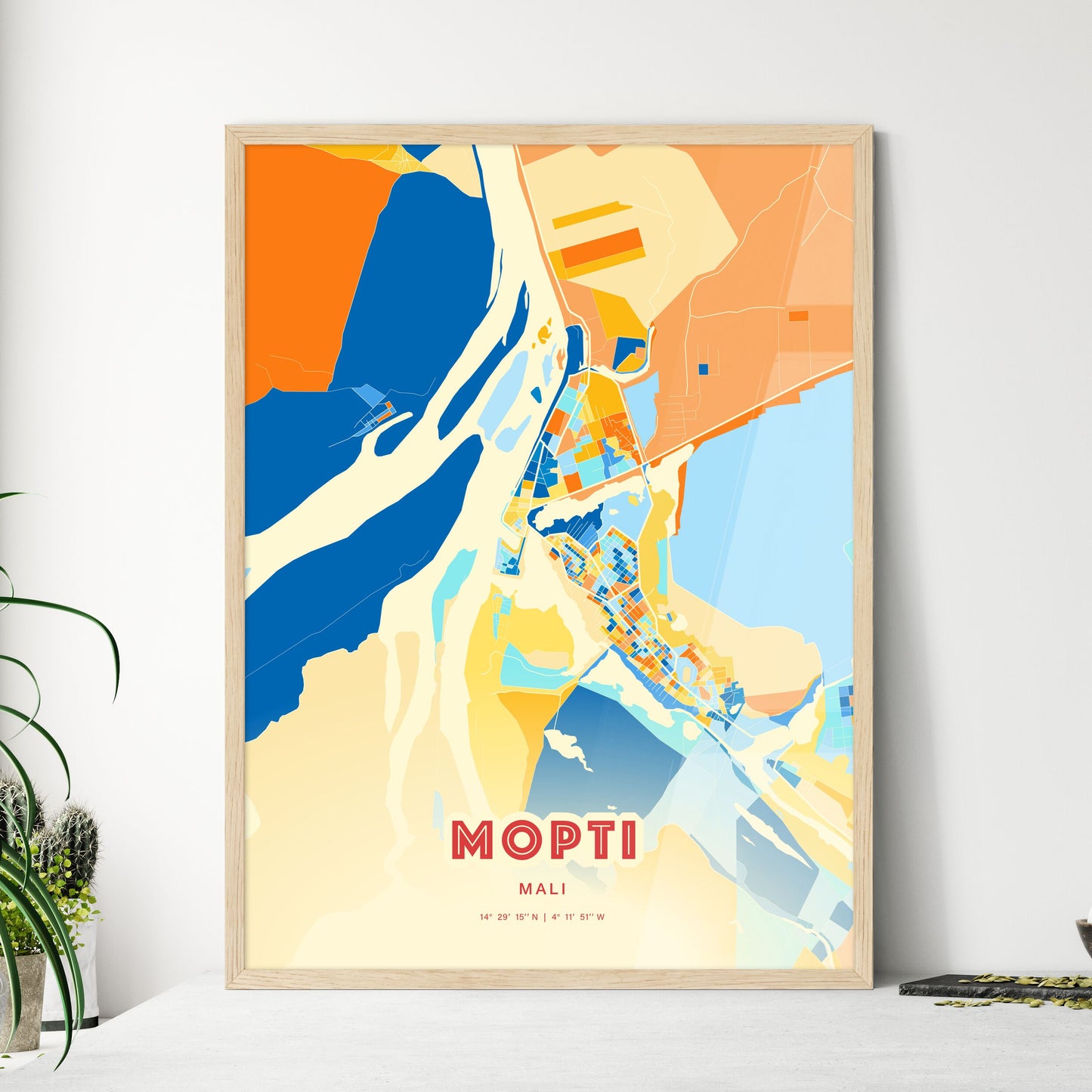 Colorful MOPTI MALI Fine Art Map Blue Orange