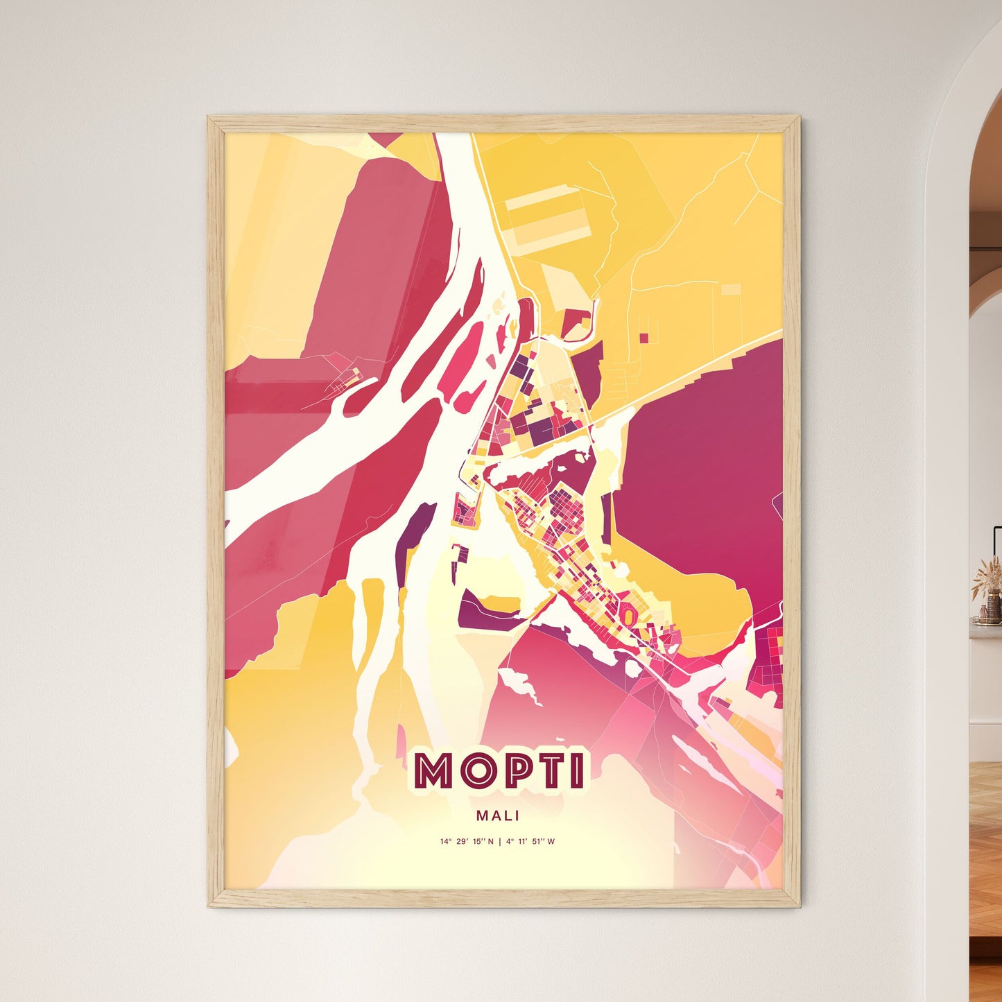 Colorful MOPTI MALI Fine Art Map Hot Red