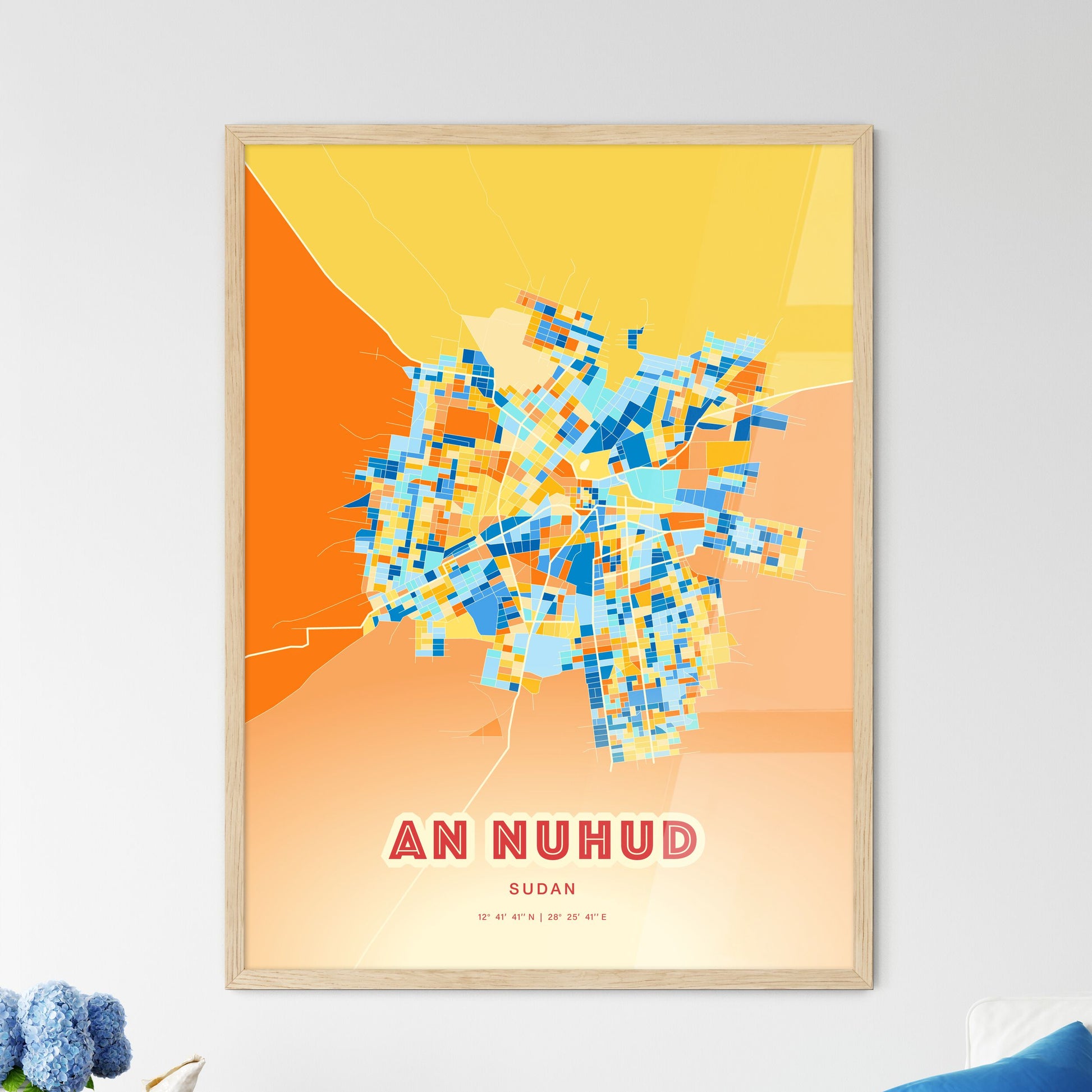 Colorful AN NUHUD SUDAN Fine Art Map Blue Orange