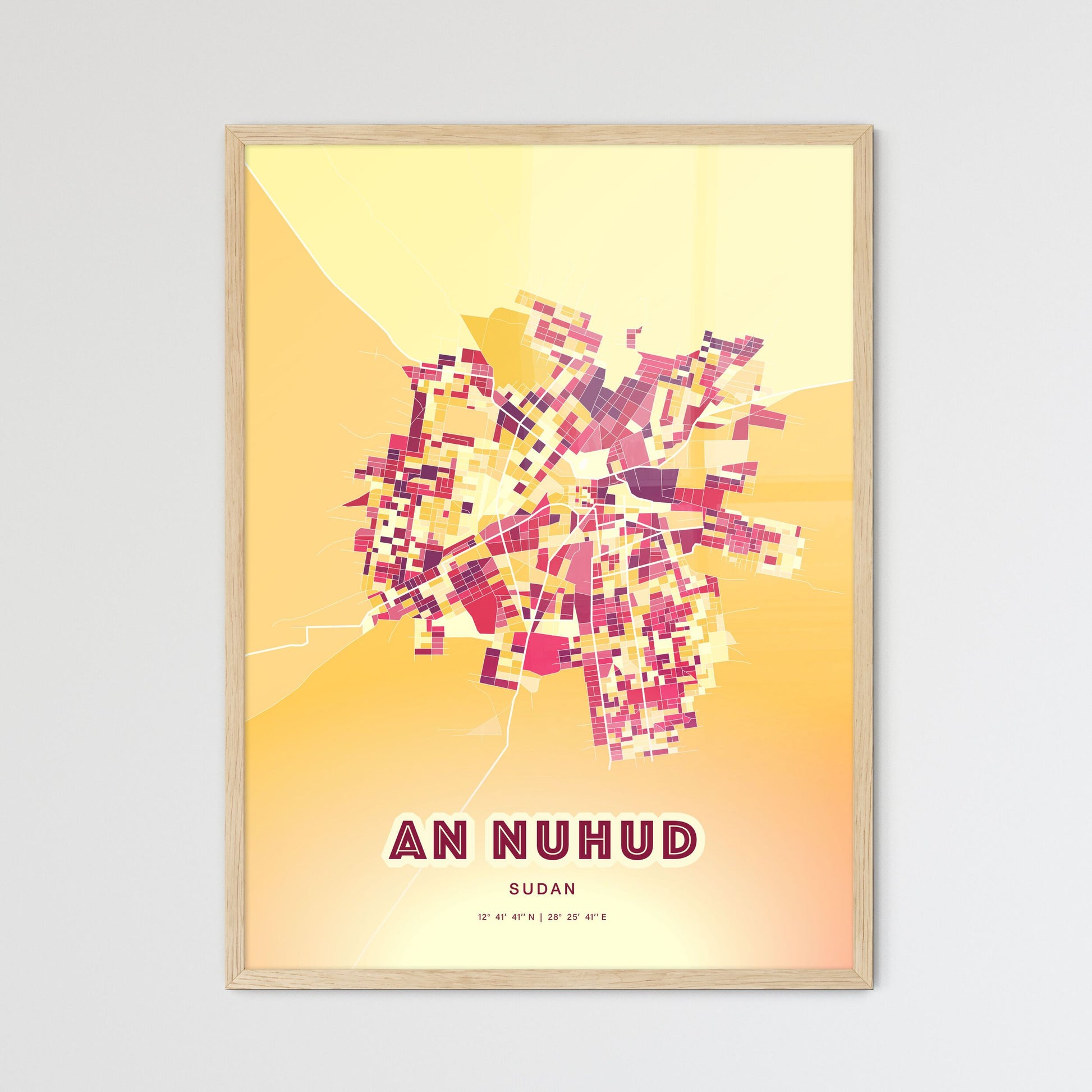 Colorful AN NUHUD SUDAN Fine Art Map Hot Red