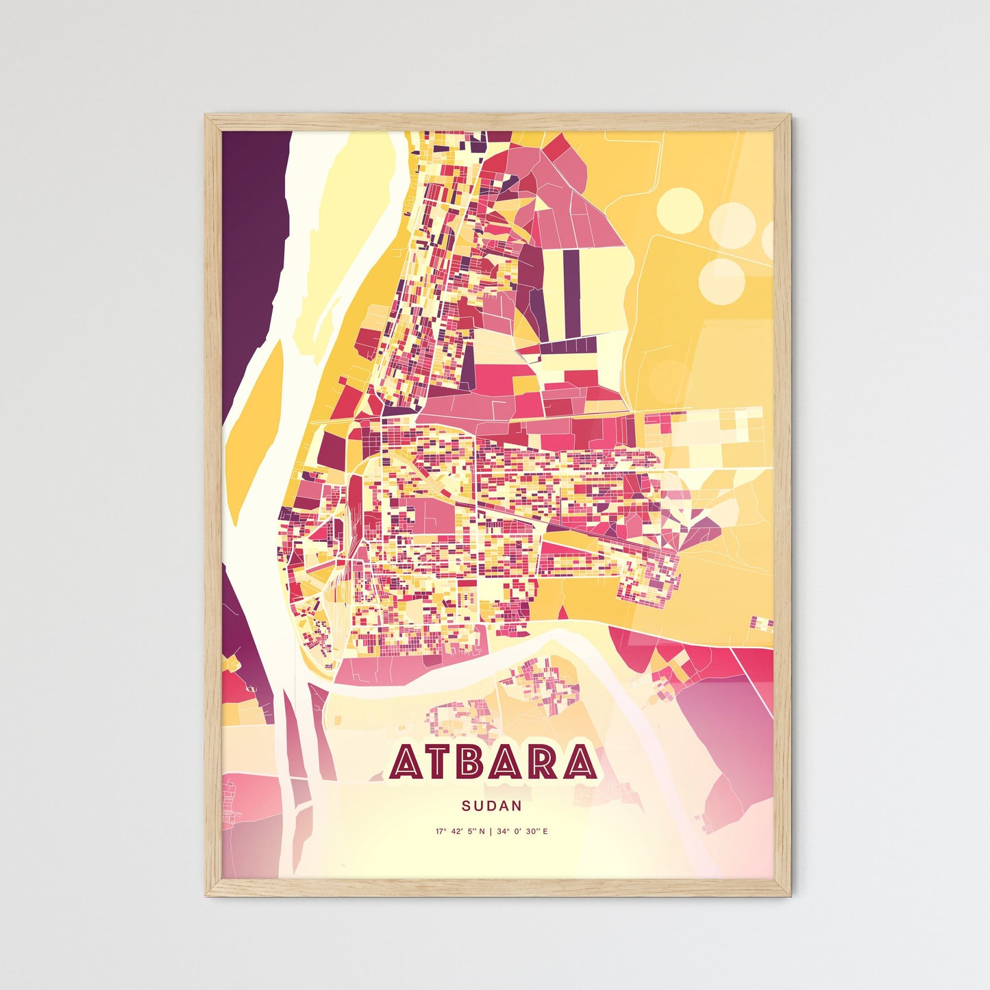 Colorful ATBARA SUDAN Fine Art Map Hot Red