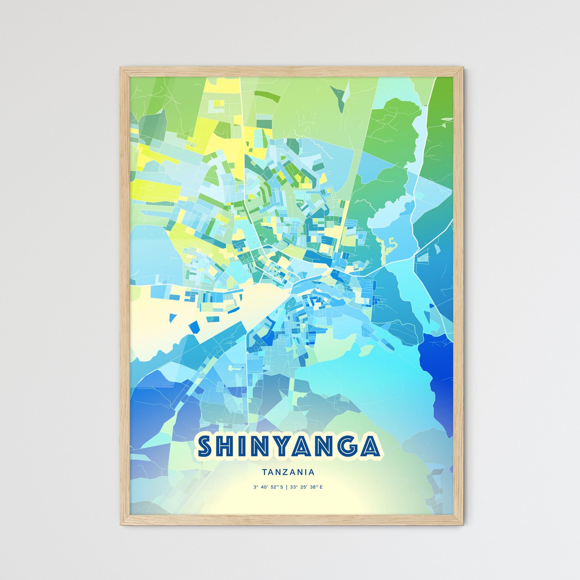 Colorful SHINYANGA TANZANIA Fine Art Map Cool Blue