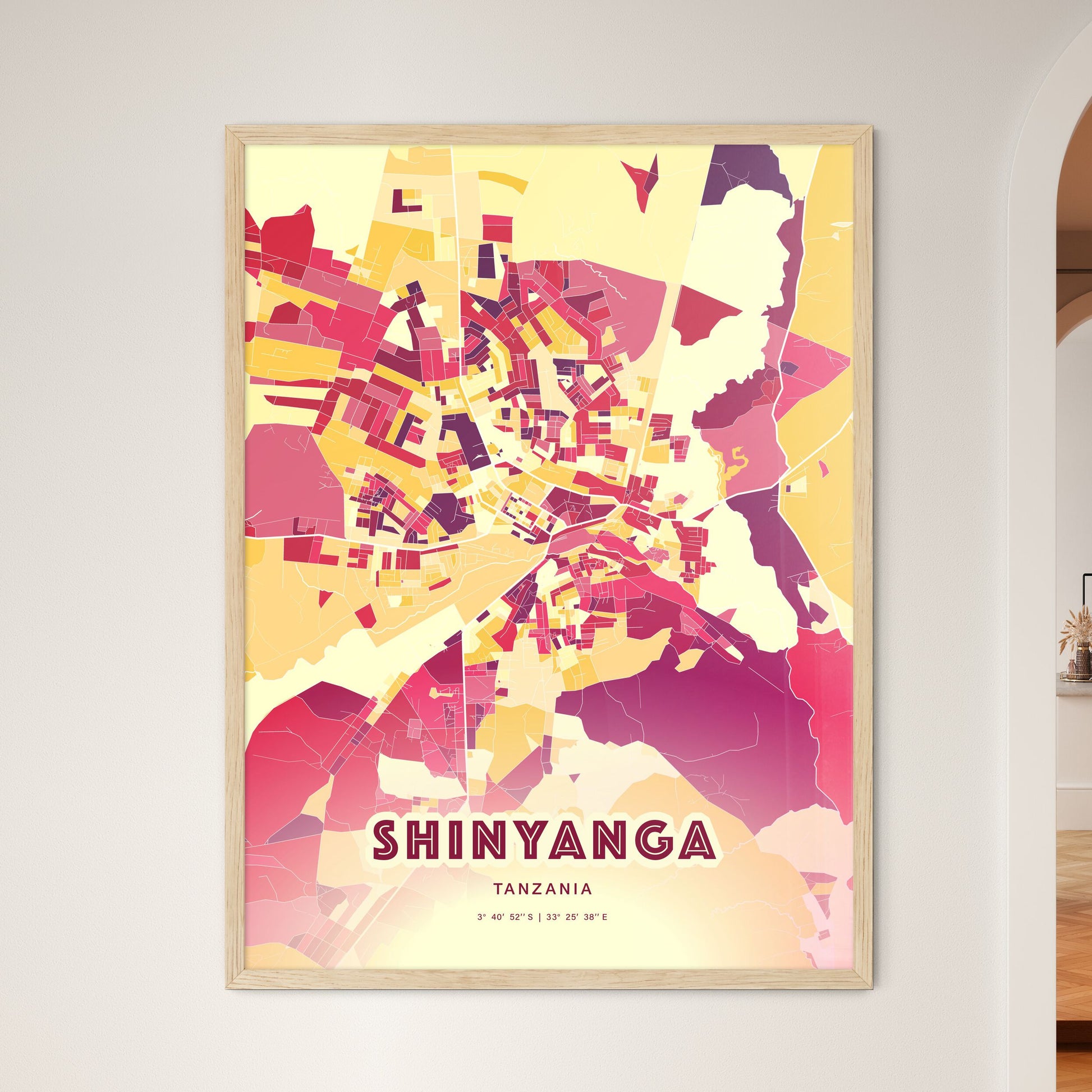 Colorful SHINYANGA TANZANIA Fine Art Map Hot Red