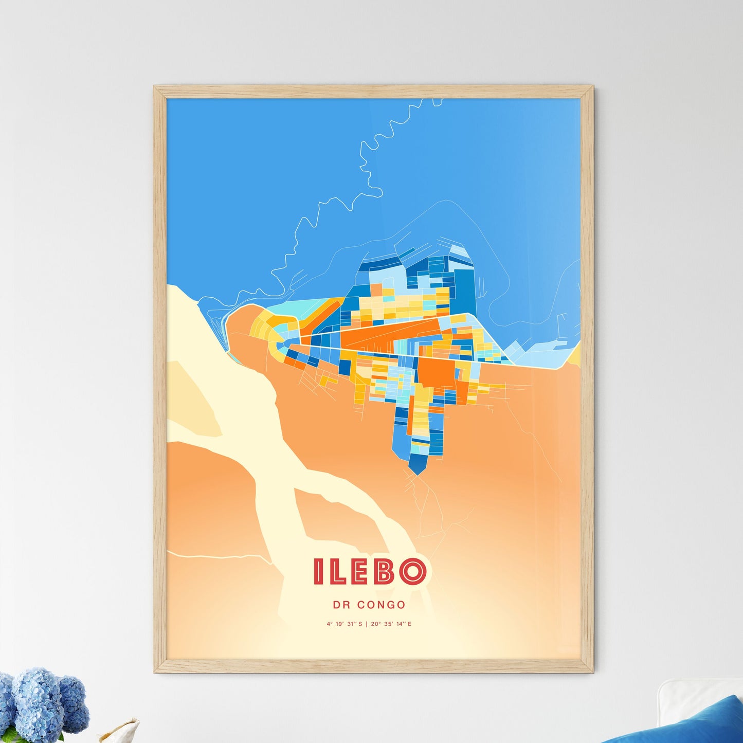 Colorful ILEBO DR CONGO Fine Art Map Blue Orange