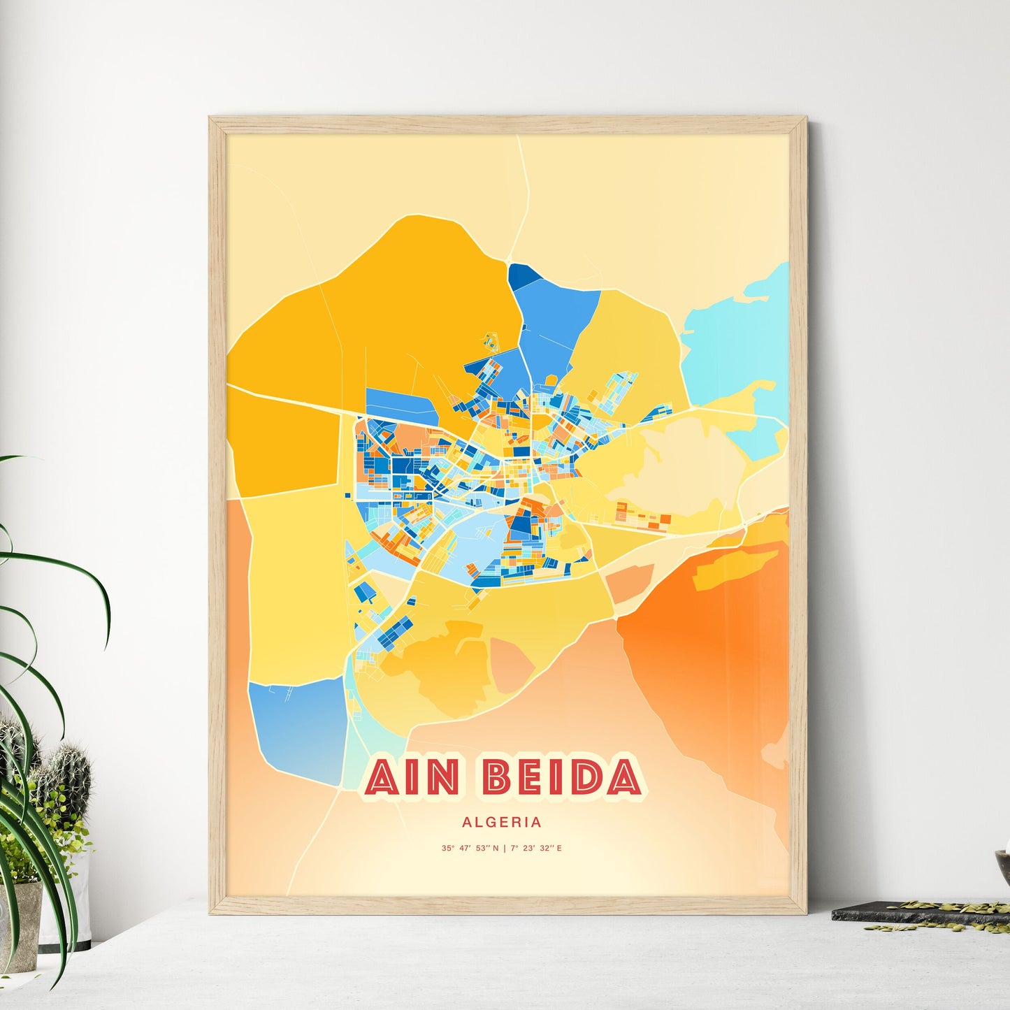 Colorful AIN BEIDA ALGERIA Fine Art Map Blue Orange