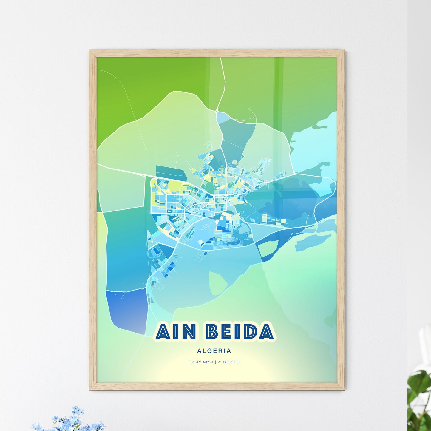 Colorful AIN BEIDA ALGERIA Fine Art Map Cool Blue