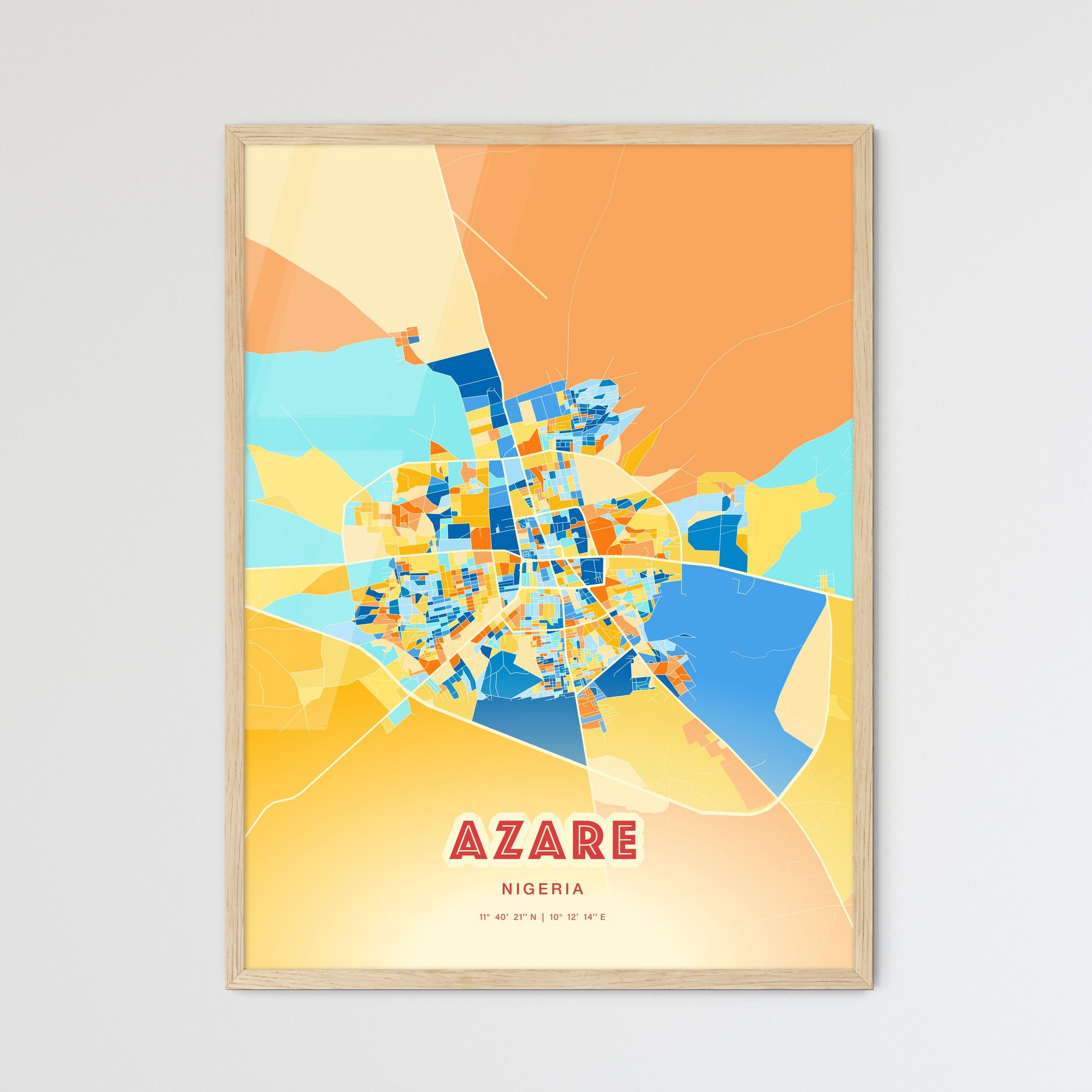 Colorful AZARE NIGERIA Fine Art Map Blue Orange