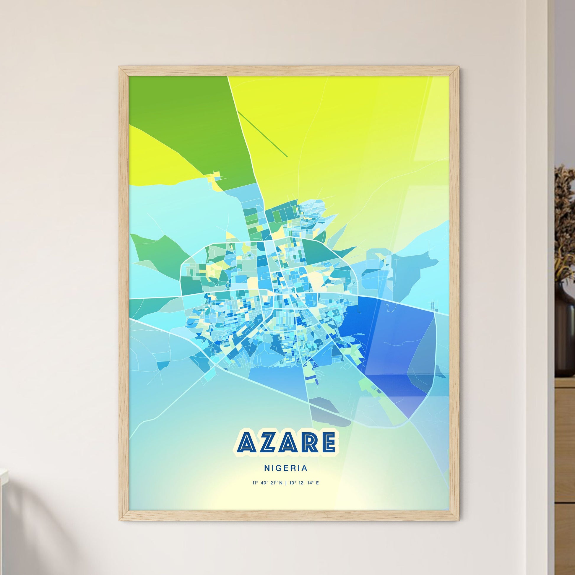 Colorful AZARE NIGERIA Fine Art Map Cool Blue