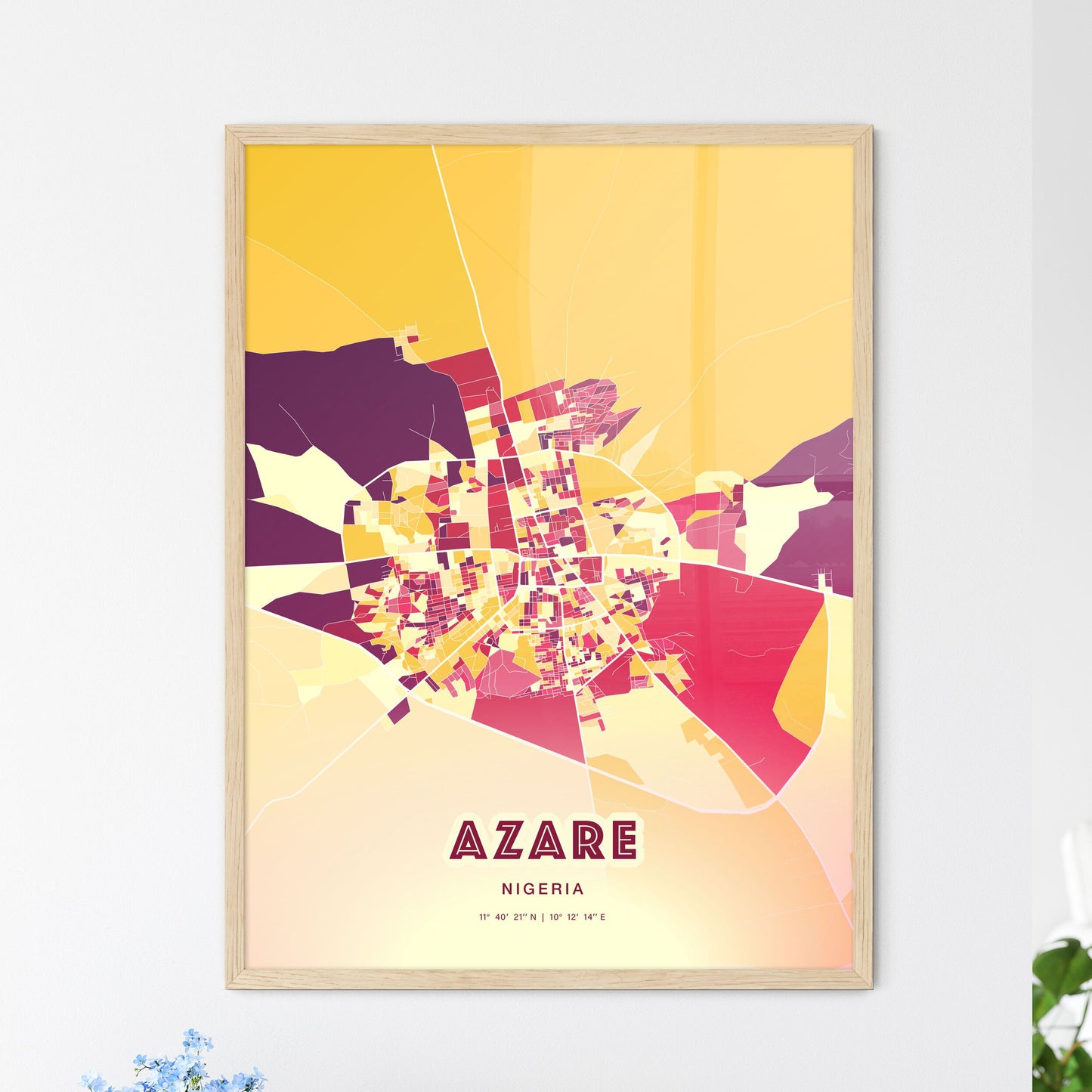 Colorful AZARE NIGERIA Fine Art Map Hot Red