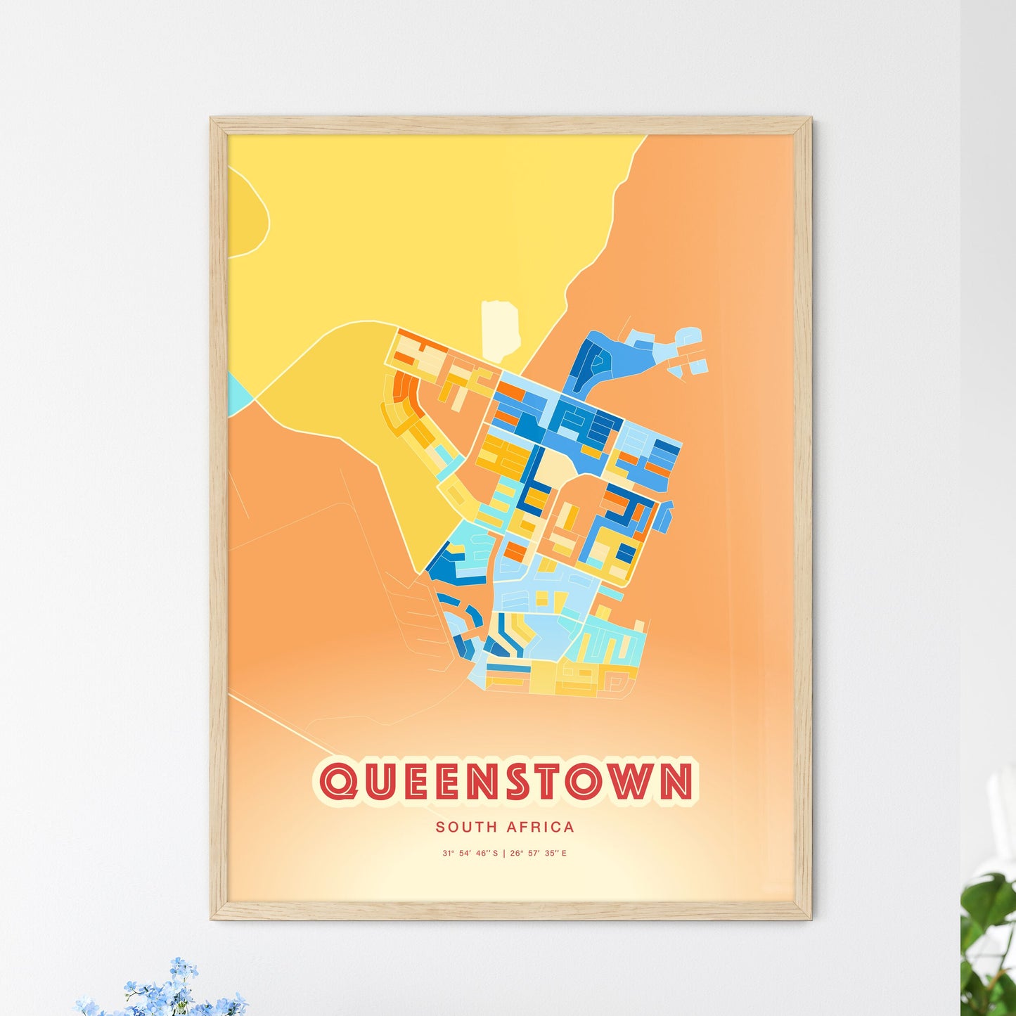 Colorful QUEENSTOWN SOUTH AFRICA Fine Art Map Blue Orange